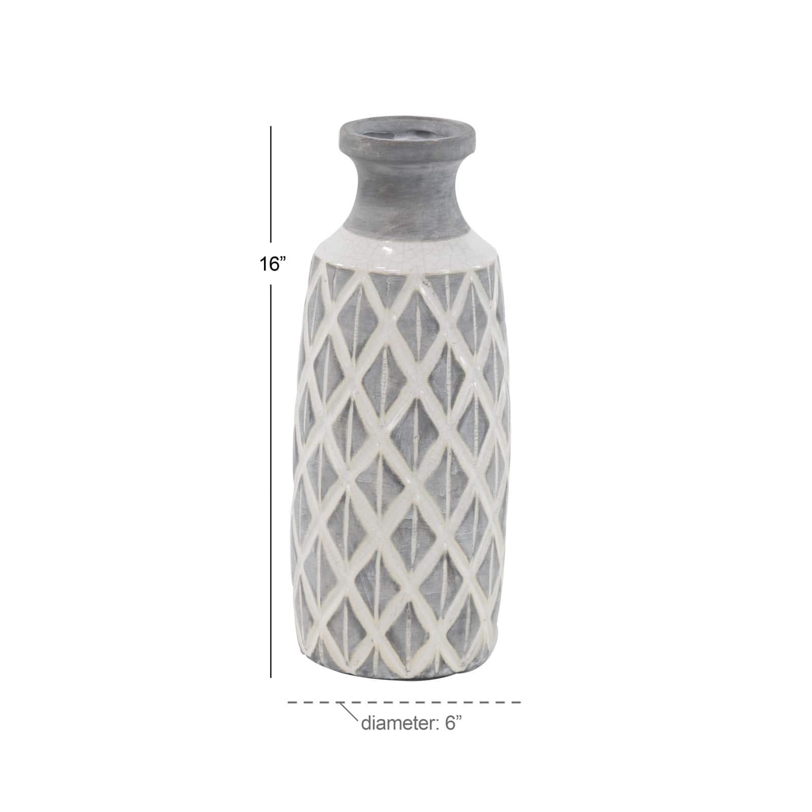 Coastal Gray And White Ceramic Jar Vase With Criss Cross Pattern, 16" x 6" x 6"