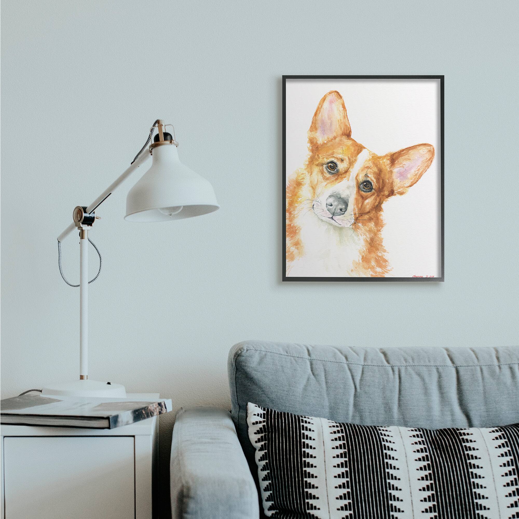 Stupell Industries Curious Corgi Dog Portrait Soft Brown Watercolor in Black Frame Wall Art