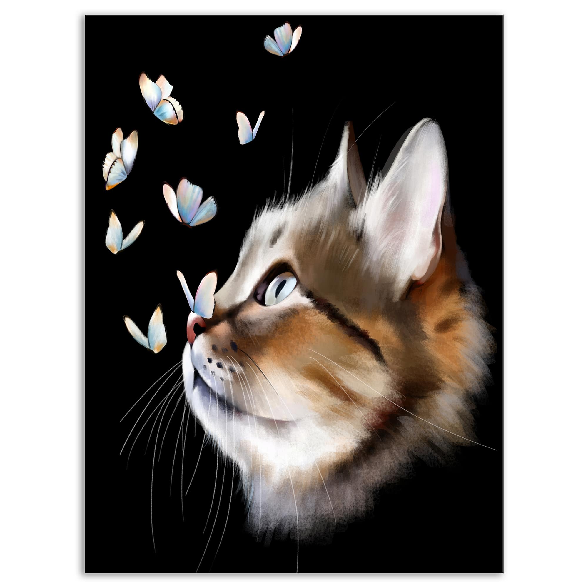 Designart - Cat with Butterflies on Black - Animal Canvas Art Print