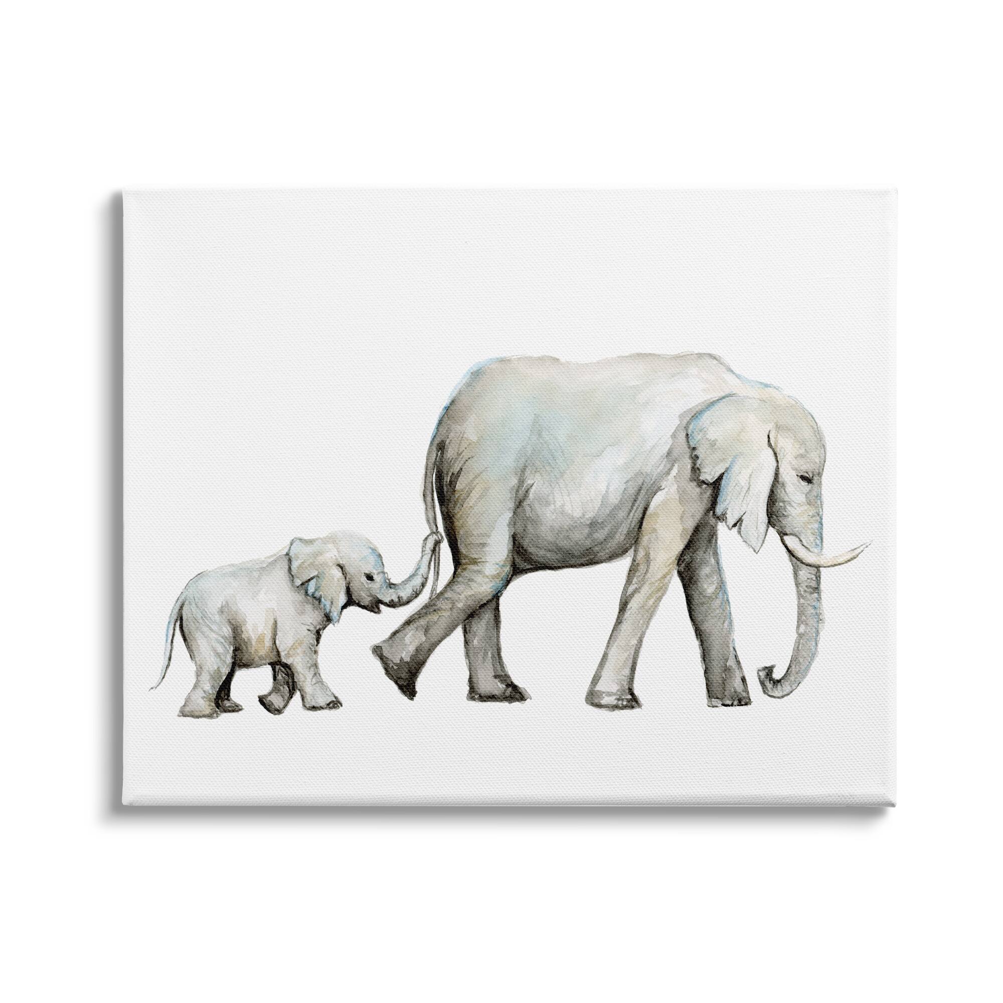 Stupell Industries Baby Elephant Mother Watercolor Painting Nursery Safari Animals Canvas Wall Art
