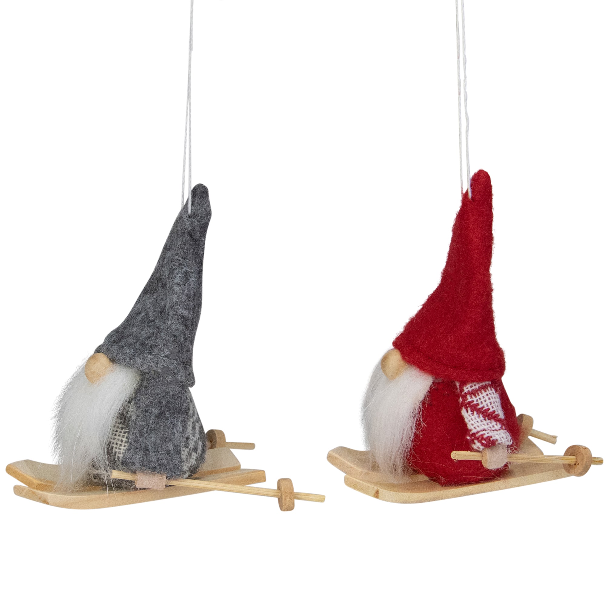 4" Gray & Red Skiing Santa Gnome Christmas Ornament Set