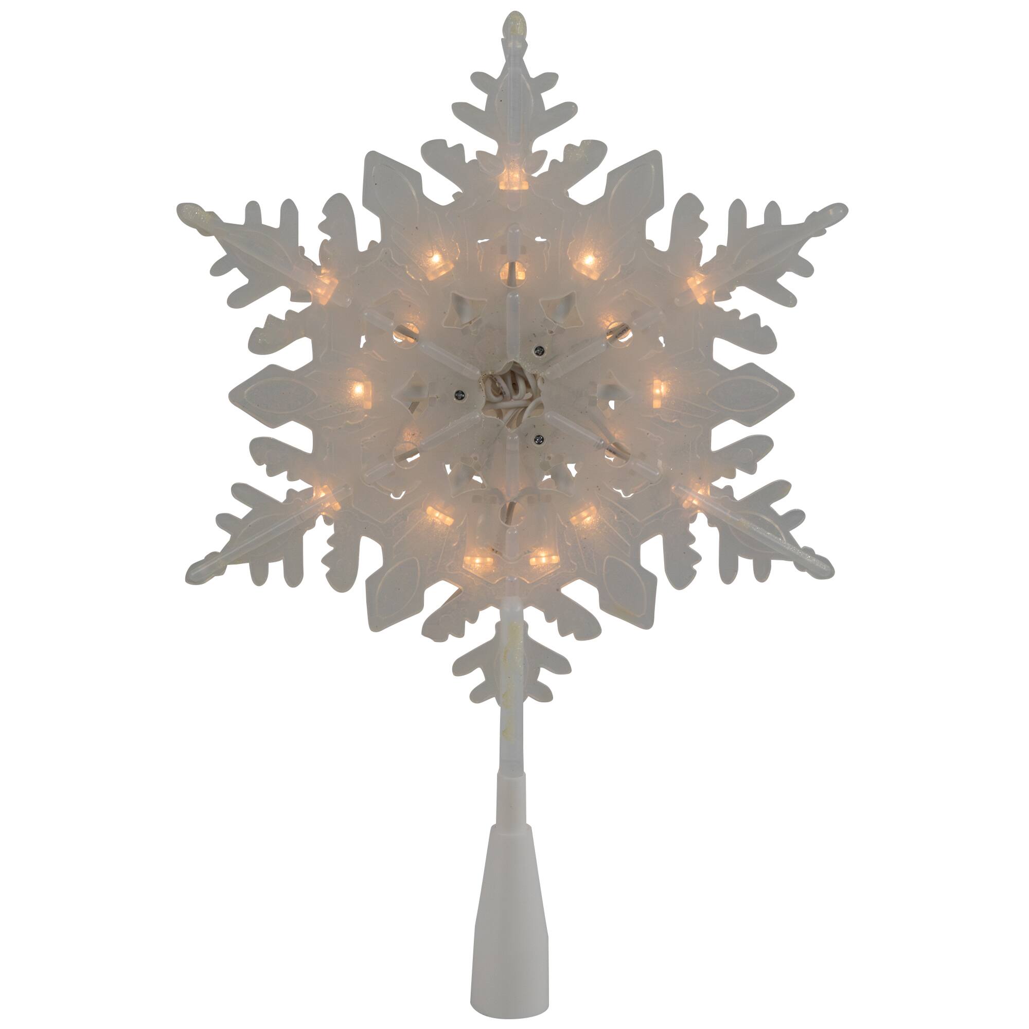 10&#x22; Lighted White Frosted Stacked Snowflake Christmas Tree Topper, Clear Lights