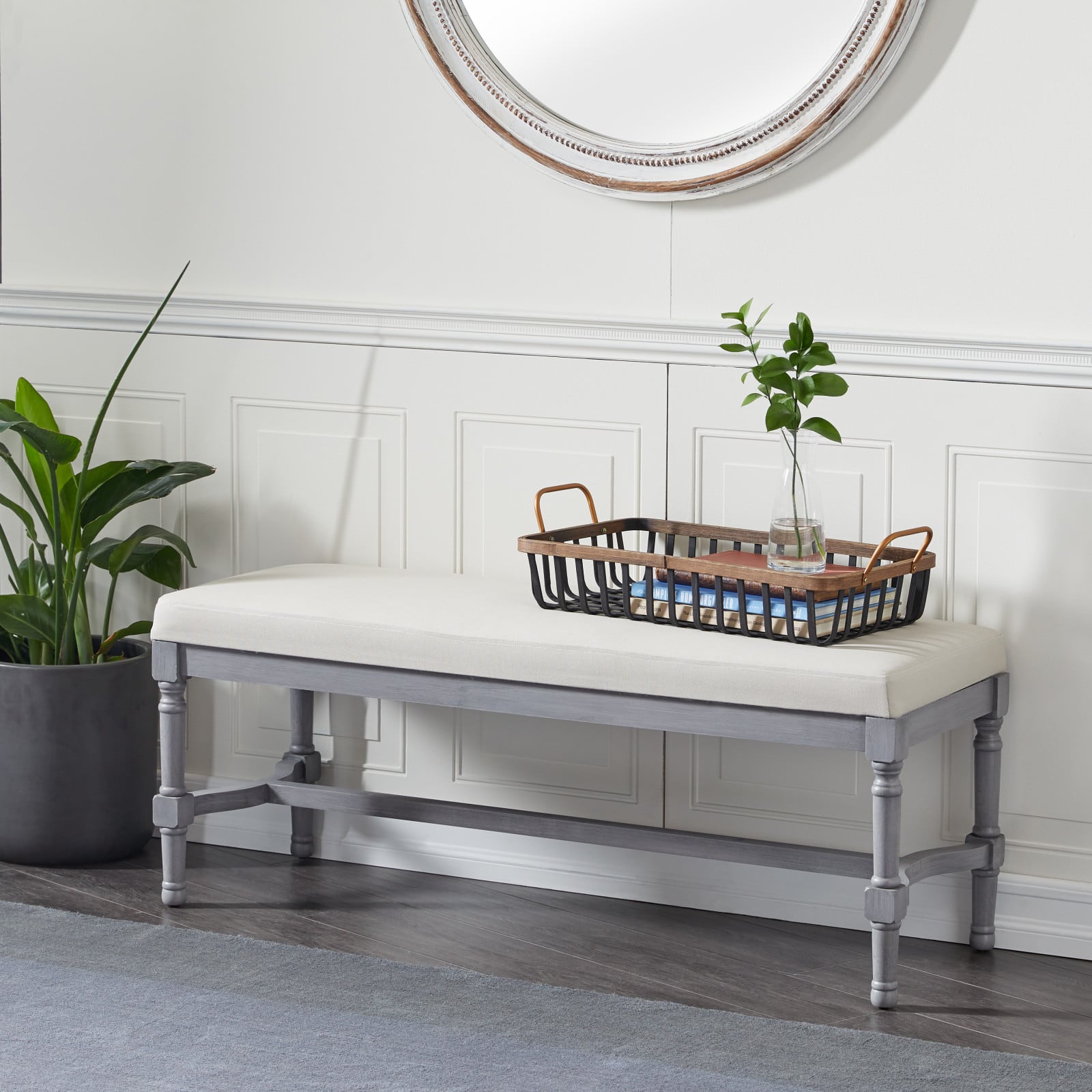 Grey Wood & Linen Traditional Bench