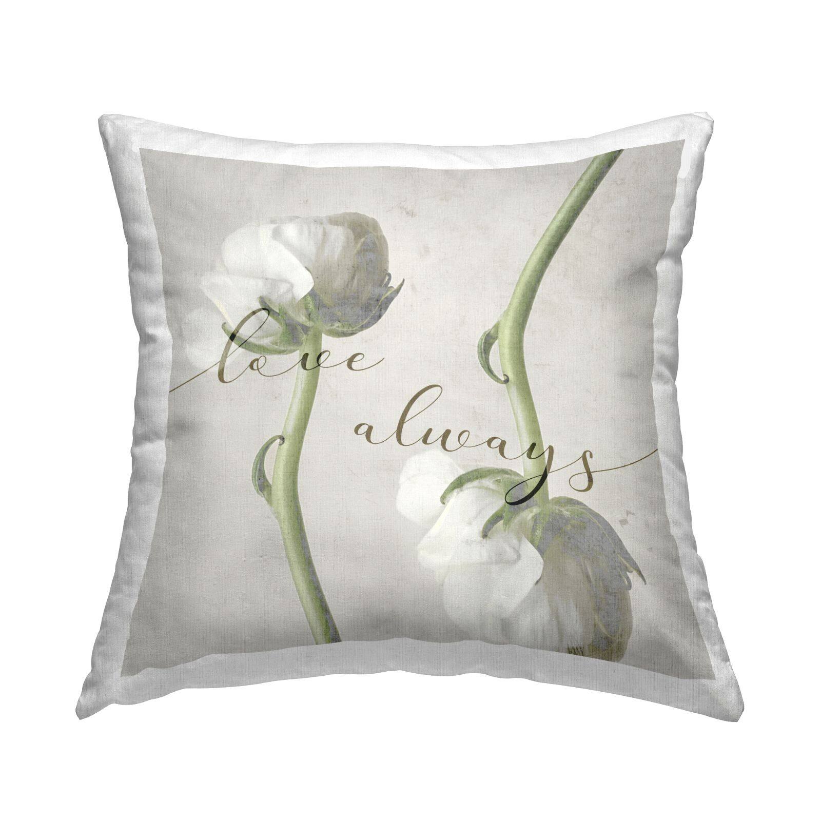 Stupell Industries Love Always Phrase Asymmetrical White Rose Blossoms Throw Pillow, 18" x 18"