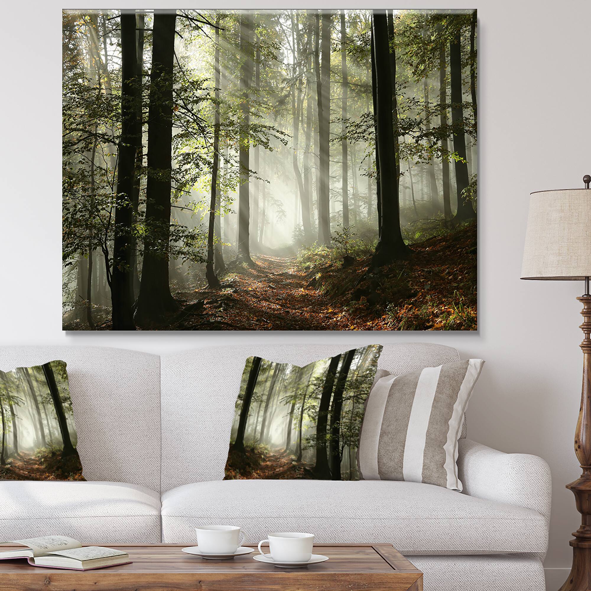 Designart - Light in Dense Fall Forest with Fog - Landscape Art Print Canvas