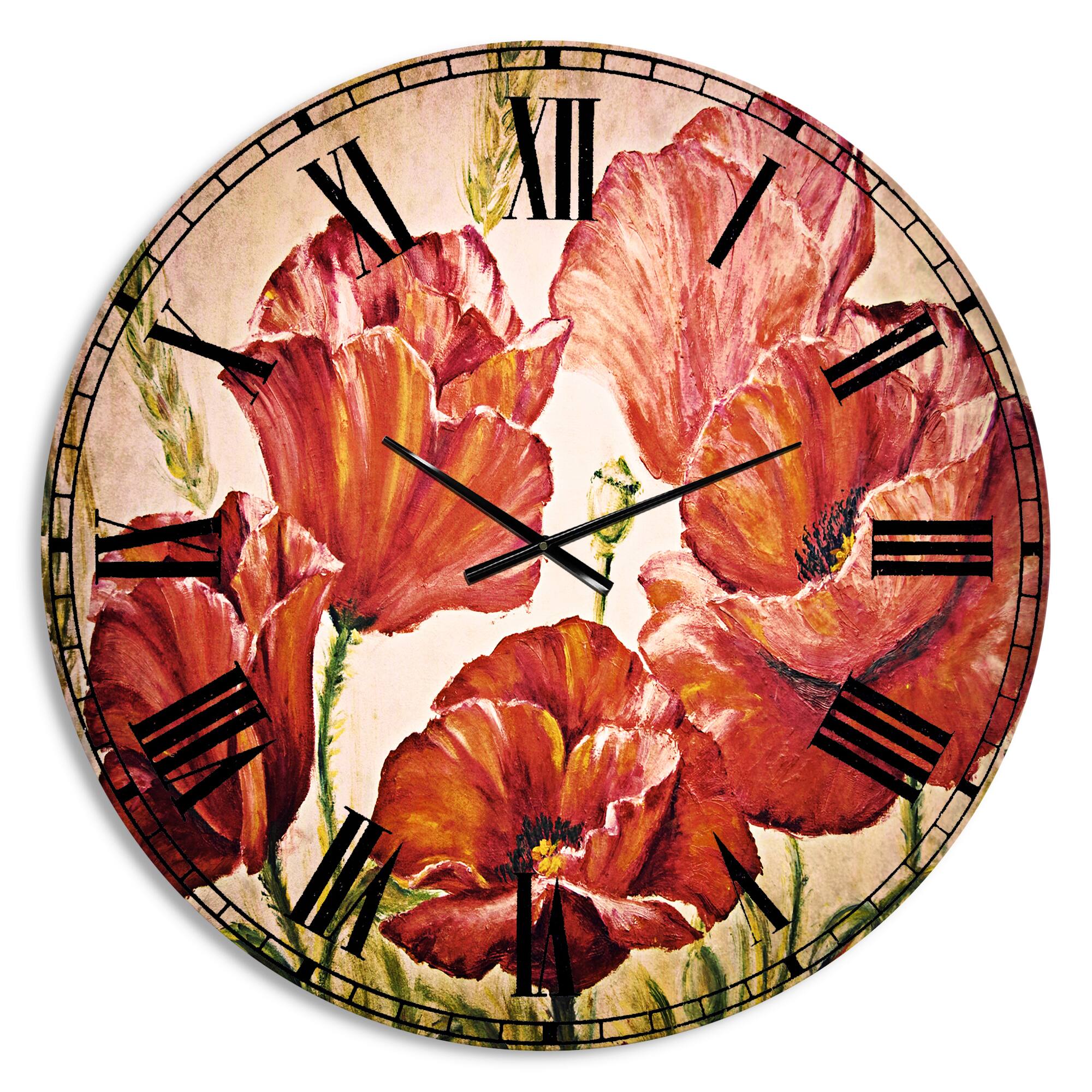 Designart Poppies in Wheat Traditional Wall Clock