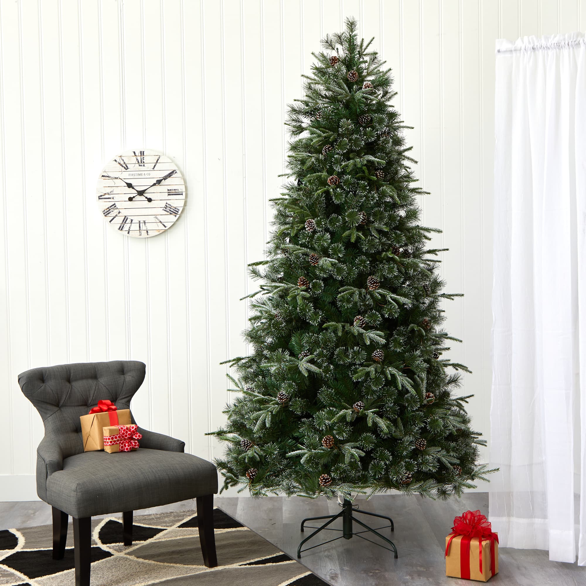 7.5ft. Pre-Lit Snowed Tipped Clermont Mixed Pine & Pinecones Artificial Christmas Tree with Clear LED Lights