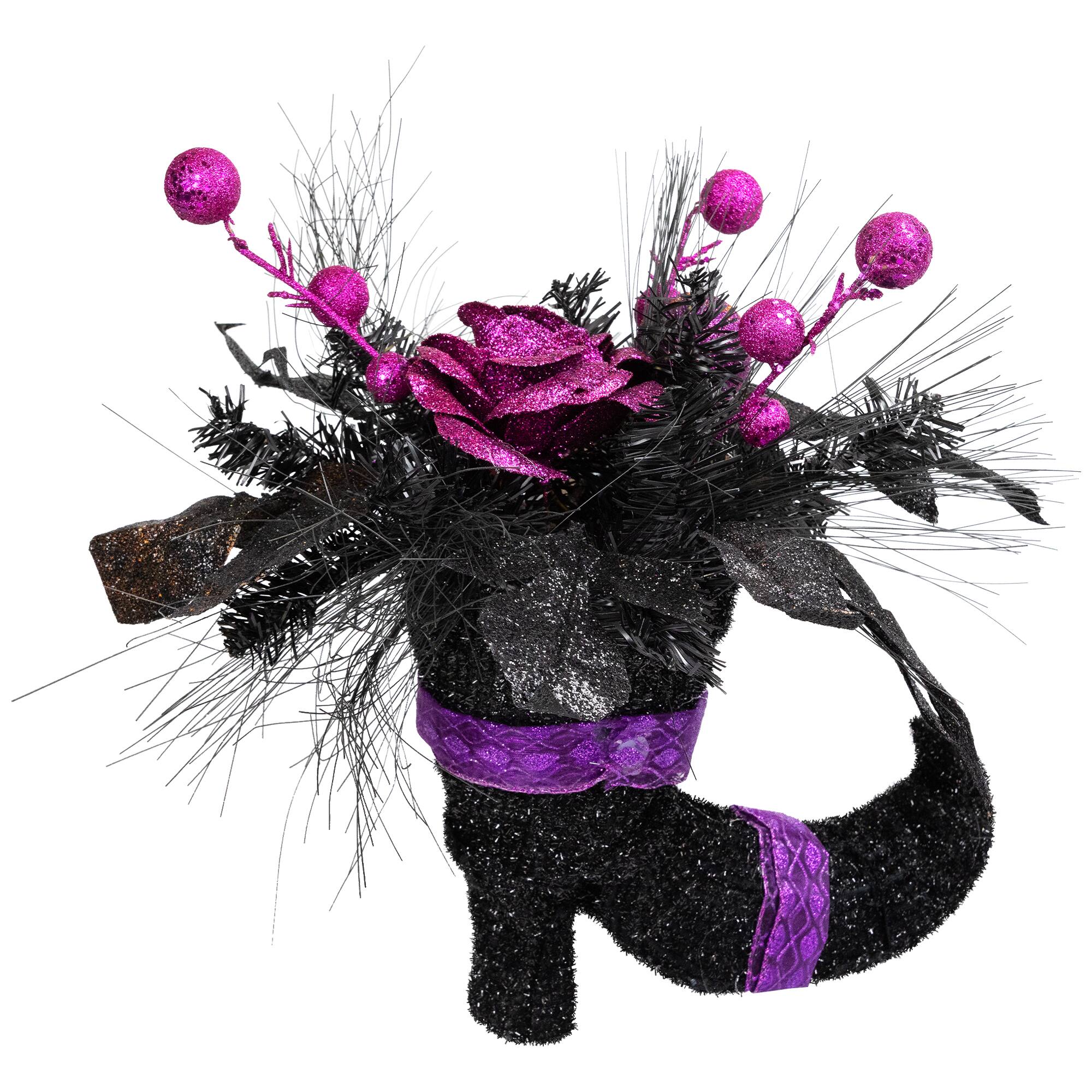 12" Black Witch's Boot with Purple Glittered Roses Halloween Decoration