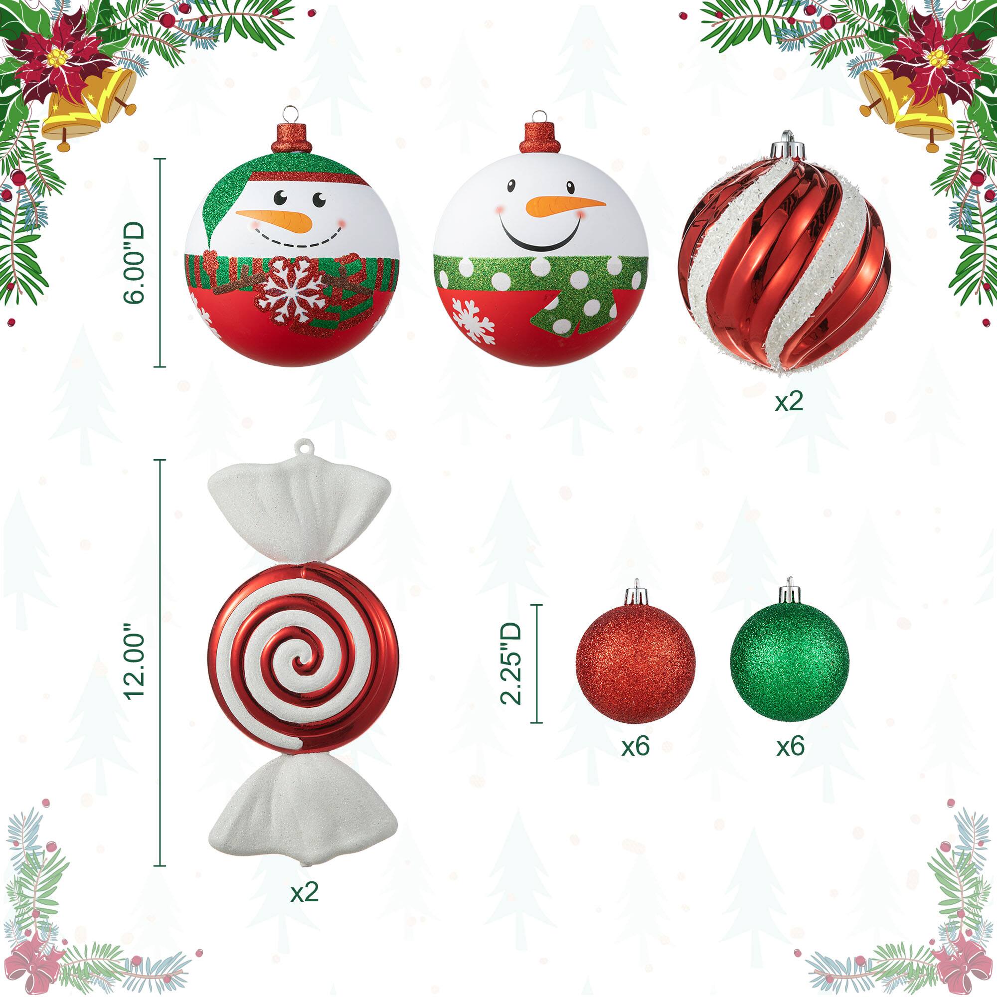 Glitzhome&#xAE; 18 Pack Whimsical Red &#x26; Green Deluxe Large Ornaments