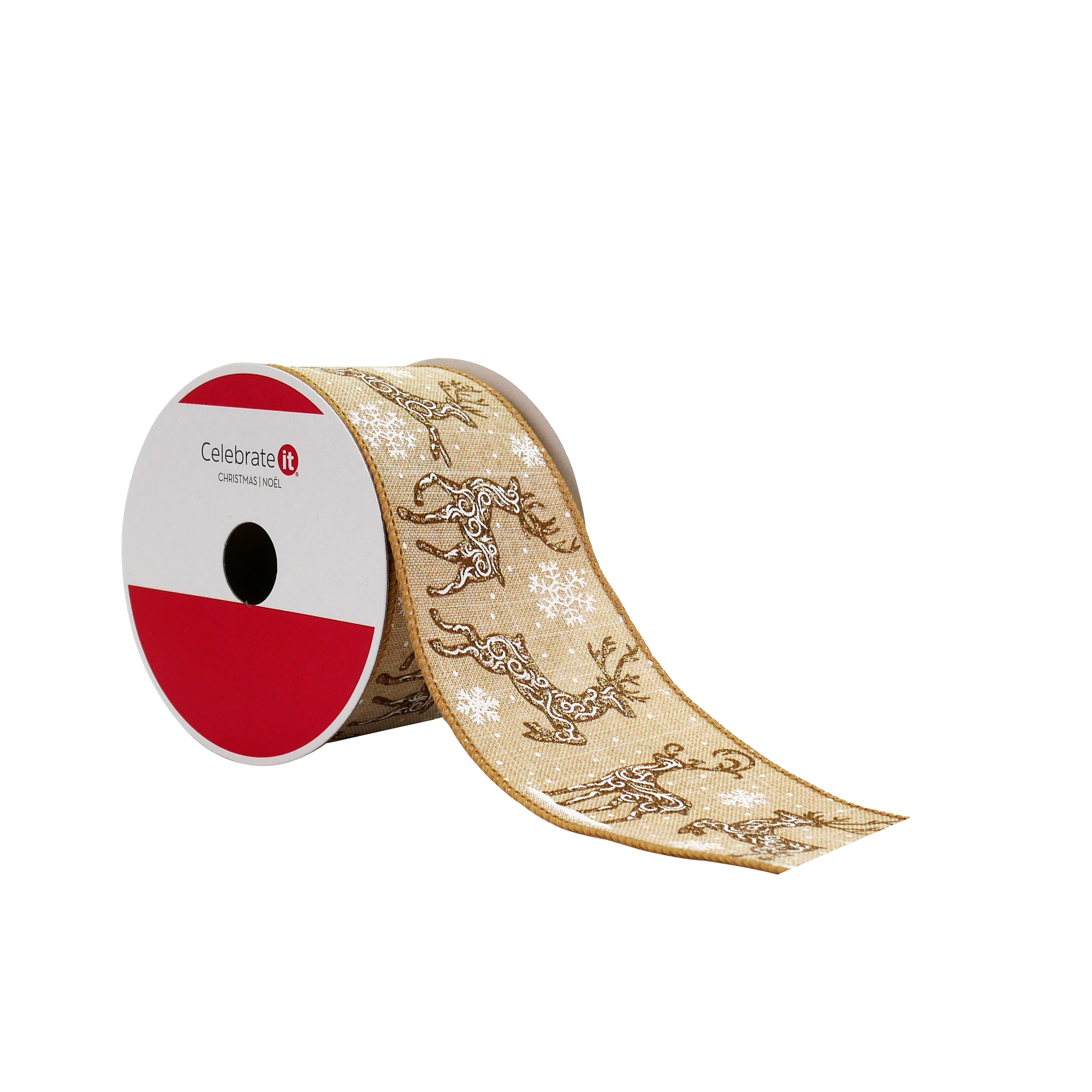 2.5&#x22; x 20ft. Glitter Reindeer Wired Faux Linen Ribbon by Celebrate It&#xAE;