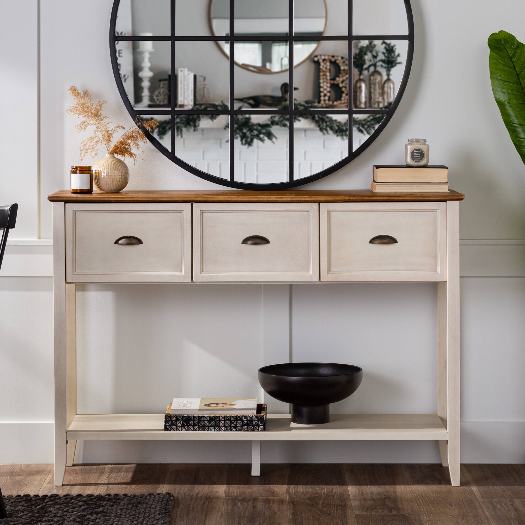 Walker Edison 52" Reclaimed Barnwood & White 3-Drawer Buffet Table