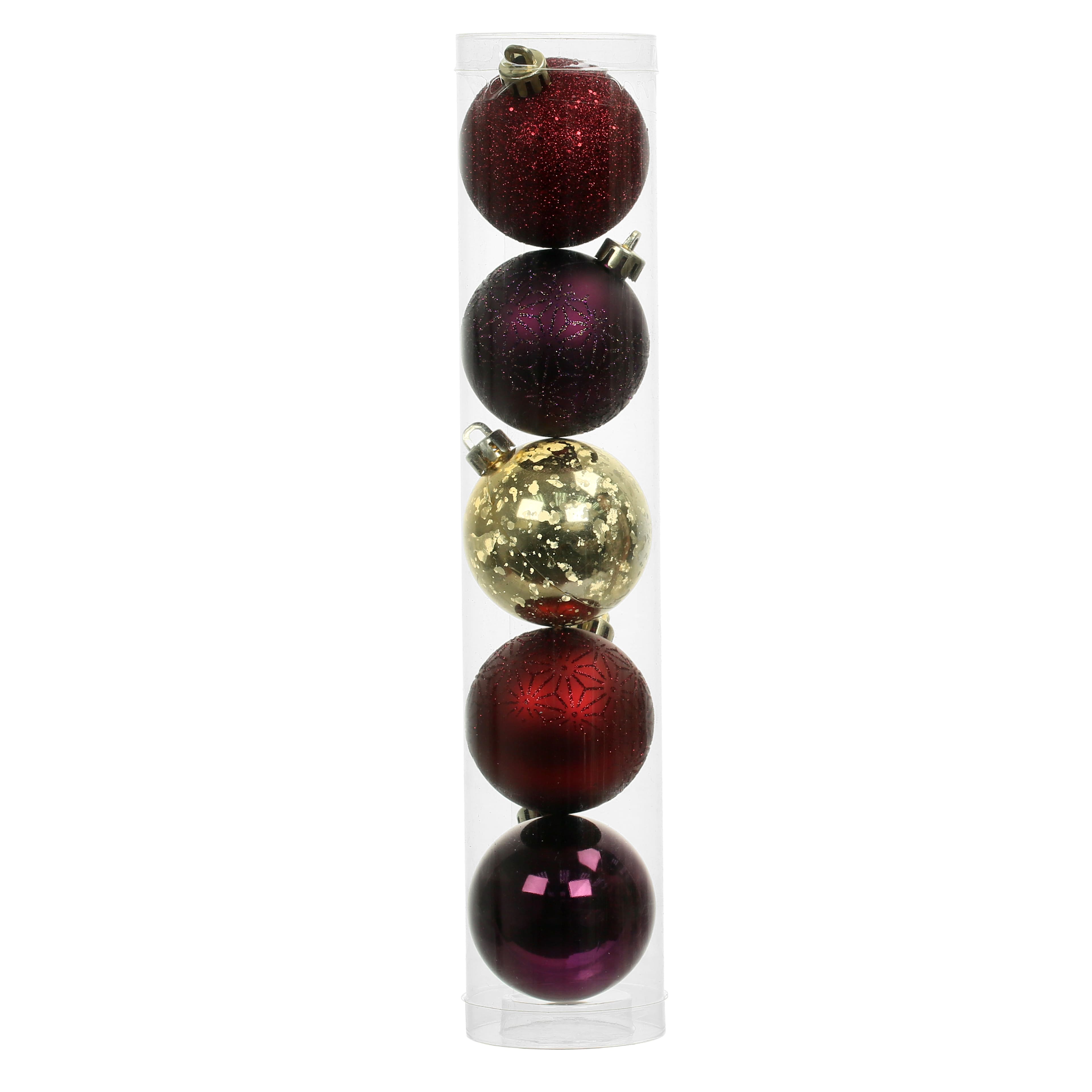5 Pack 2.2&#x22; Burgundy, Red &#x26; Gold Shatterproof Ball Ornaments by Ashland&#xAE;