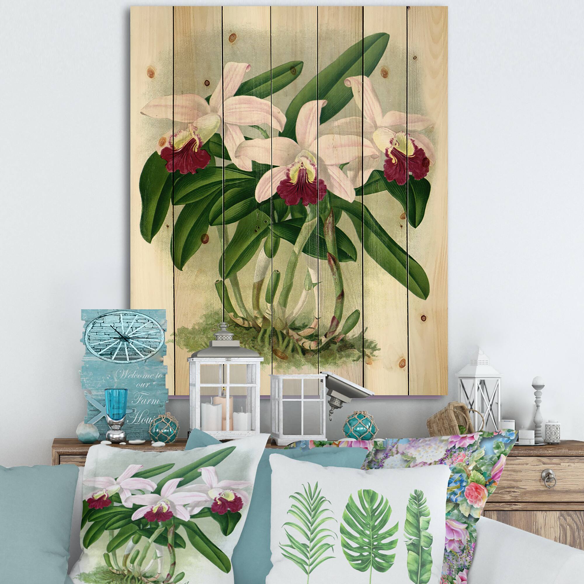 Designart - Vintage White Orchid Flower I - Traditional Print on Natural Pine Wood