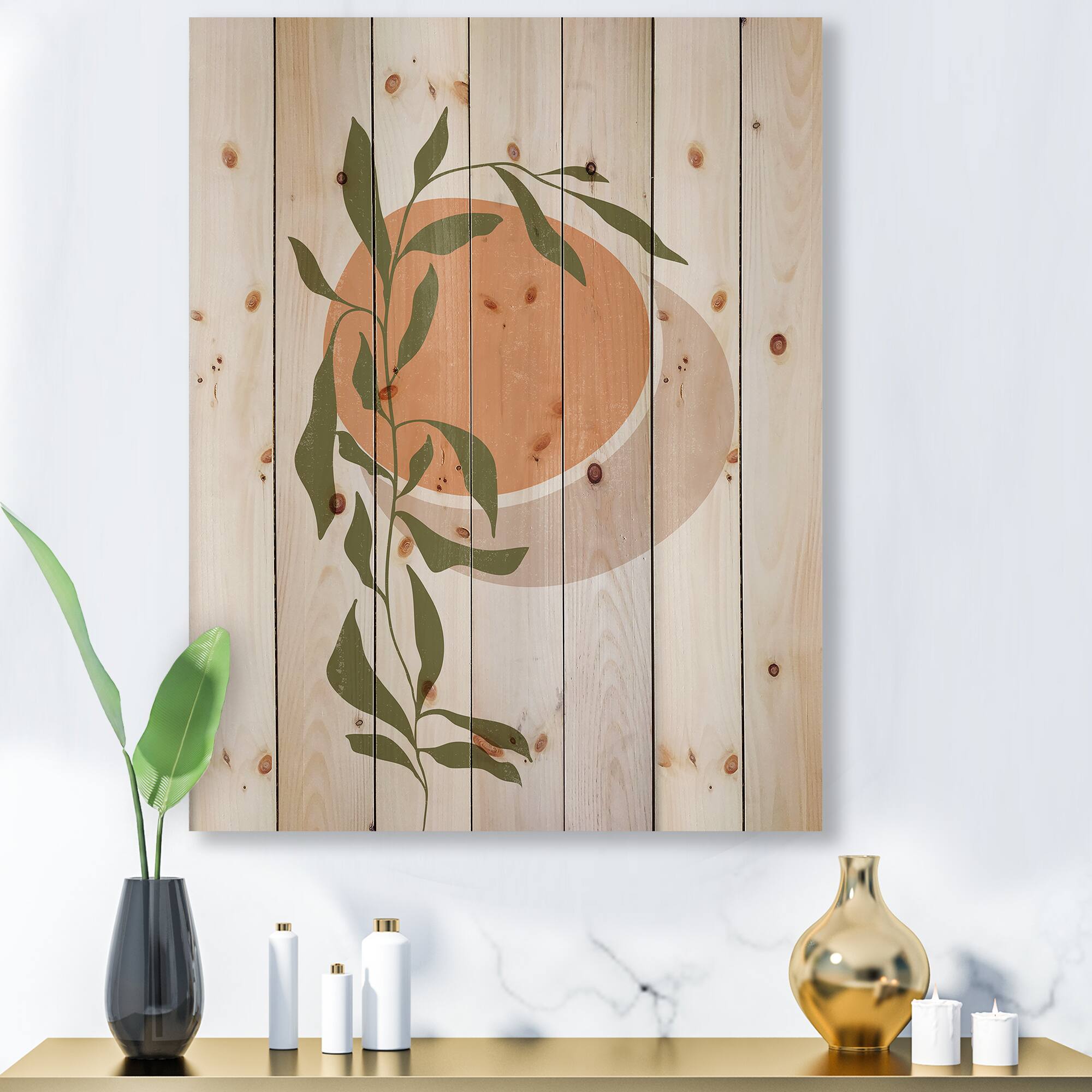 Designart - Abstract Orange Sun and Moon With Tropical Leaf