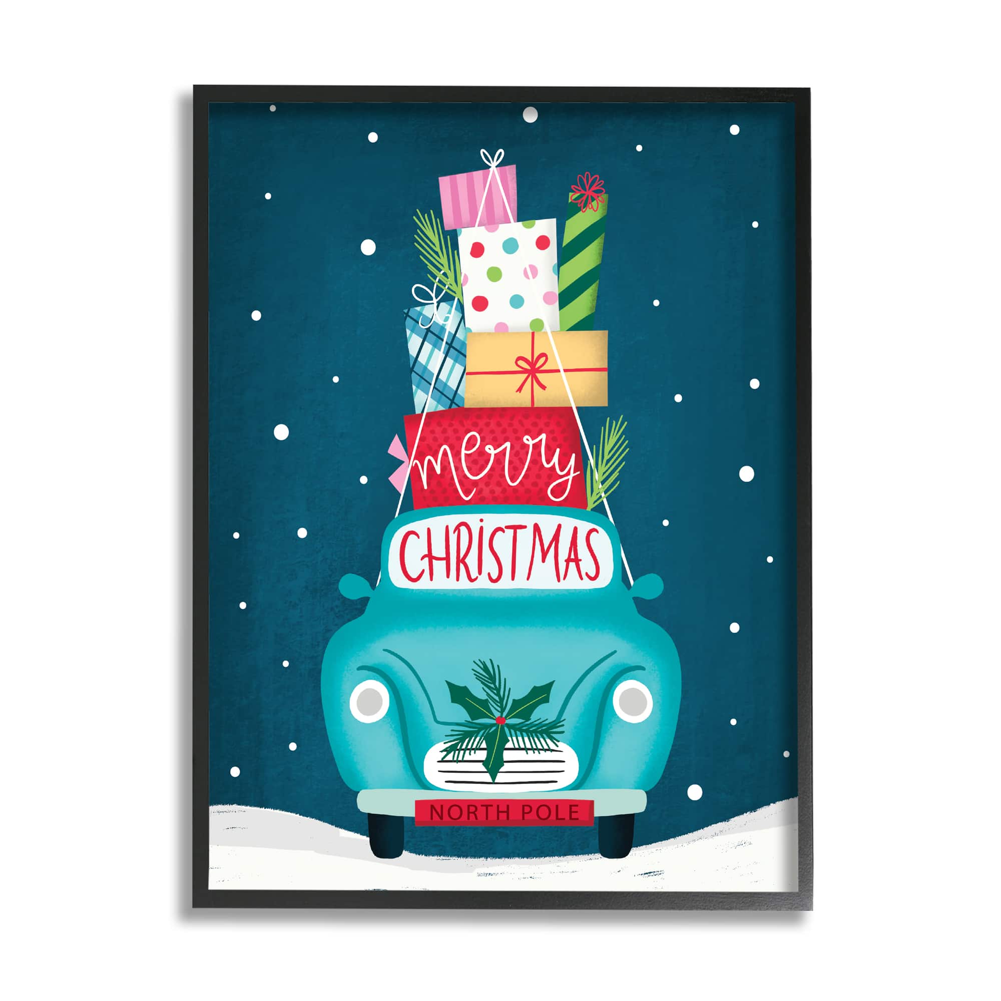 Stupell Industries Merry Christmas Stacked Gifts Car Framed Giclee Art