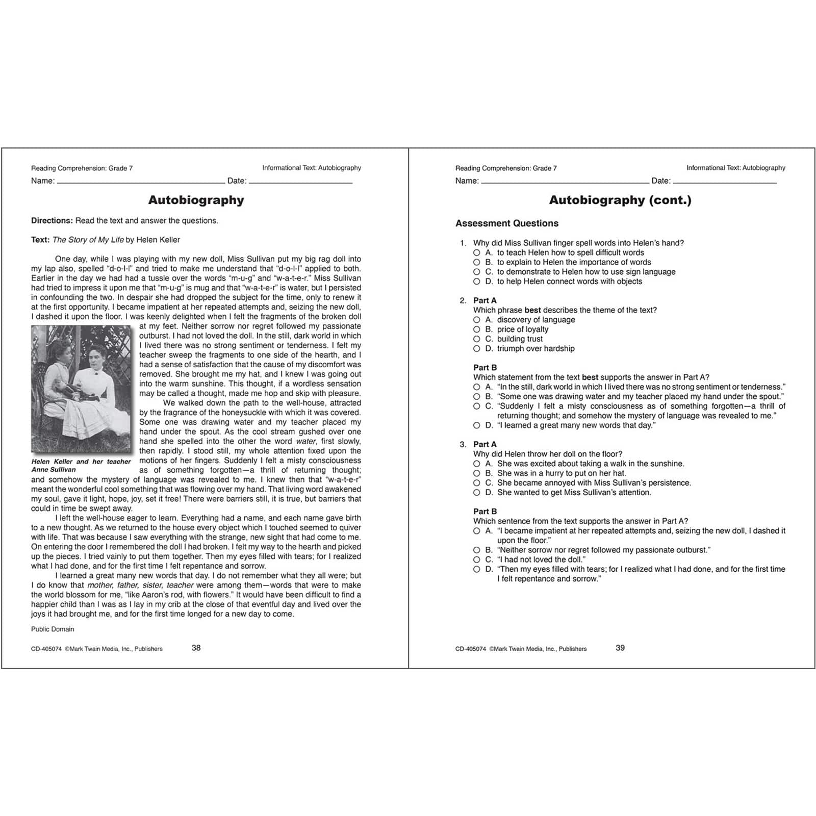 Mark Twain Reading Comprehension Workbook, Grade 7