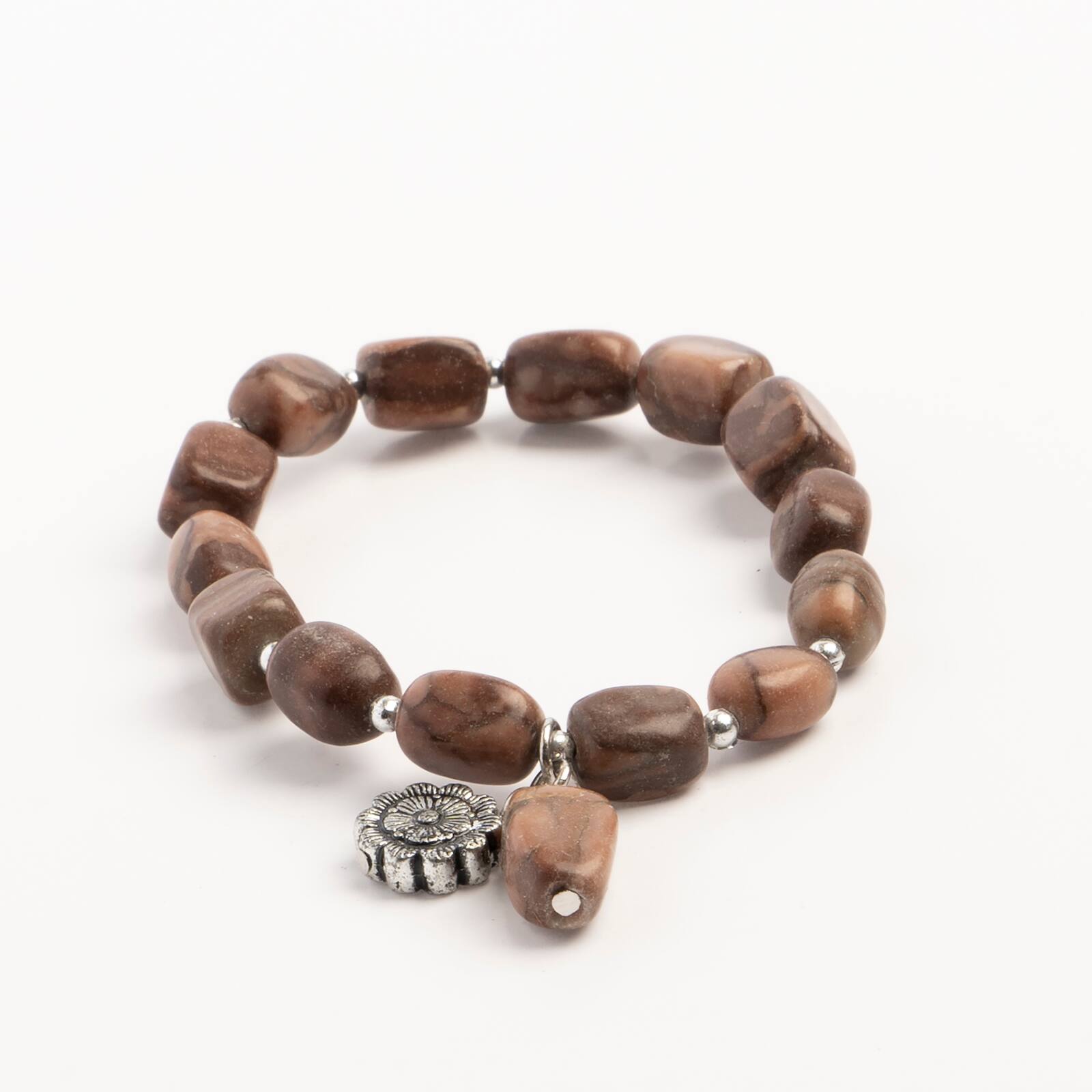 John Bead Jasper Brown Natural Stone Stretch Bracelet with Flower Charm