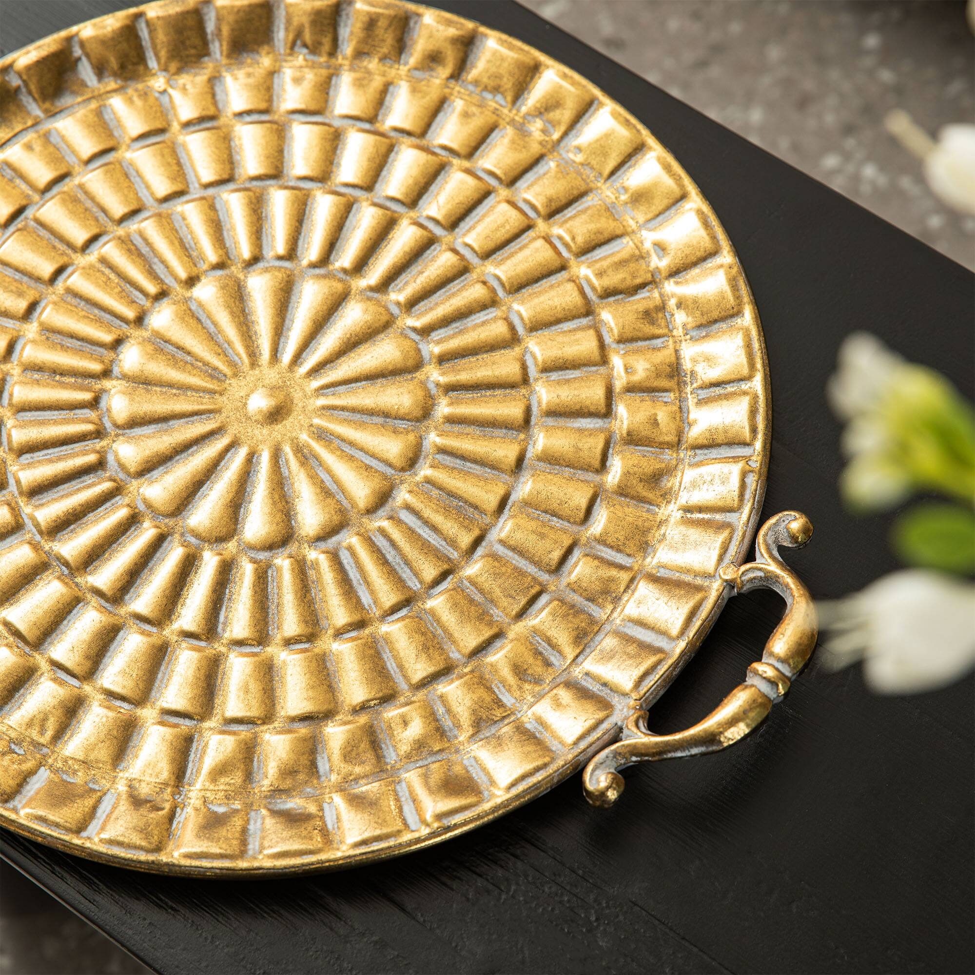 Glitzhome&#xAE; Gold Round Metal Embossed Decorative Trays Set
