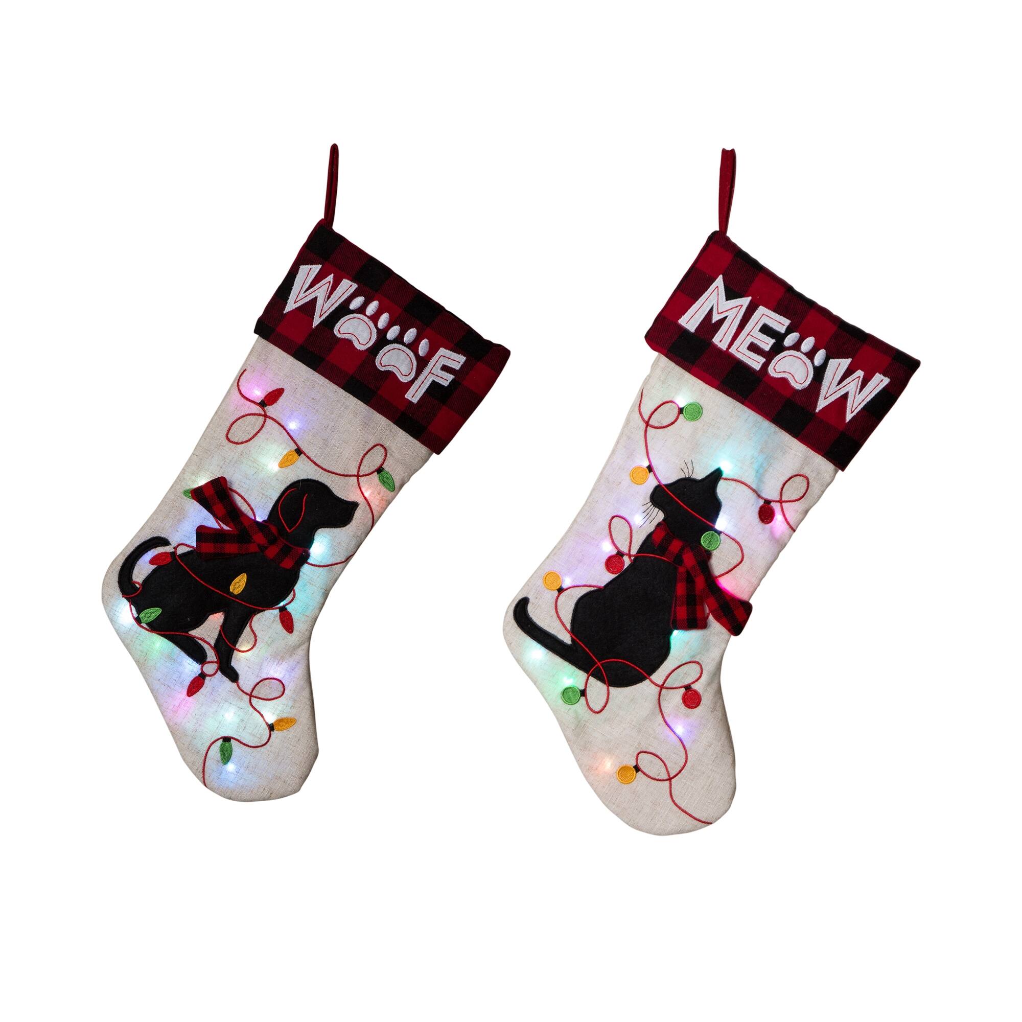 Glitzhome&#xAE; 21&#x22; LED Embroidered Cat &#x26; Dog Linen Christmas Stockings, 2ct.