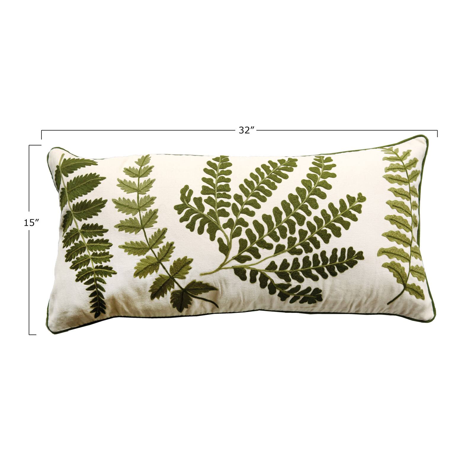 Hello Honey® Embroidered Green Ferns on White Cotton Lumbar Pillow