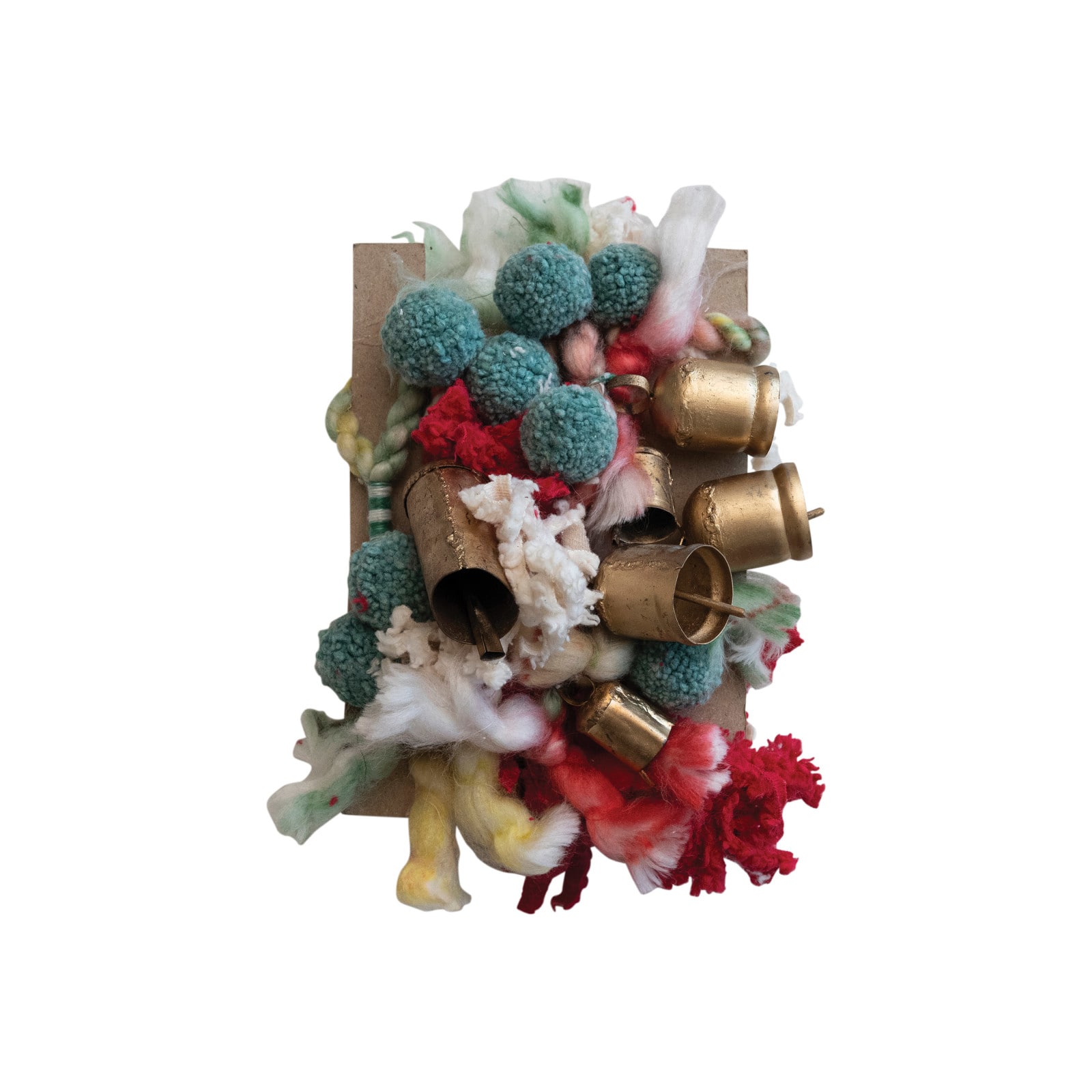 Hello Honey 6ft. Multicolor Handmade Wool &#x26; Cotton Blend Garland with Pom Poms &#x26; Antique Gold Metal Bells