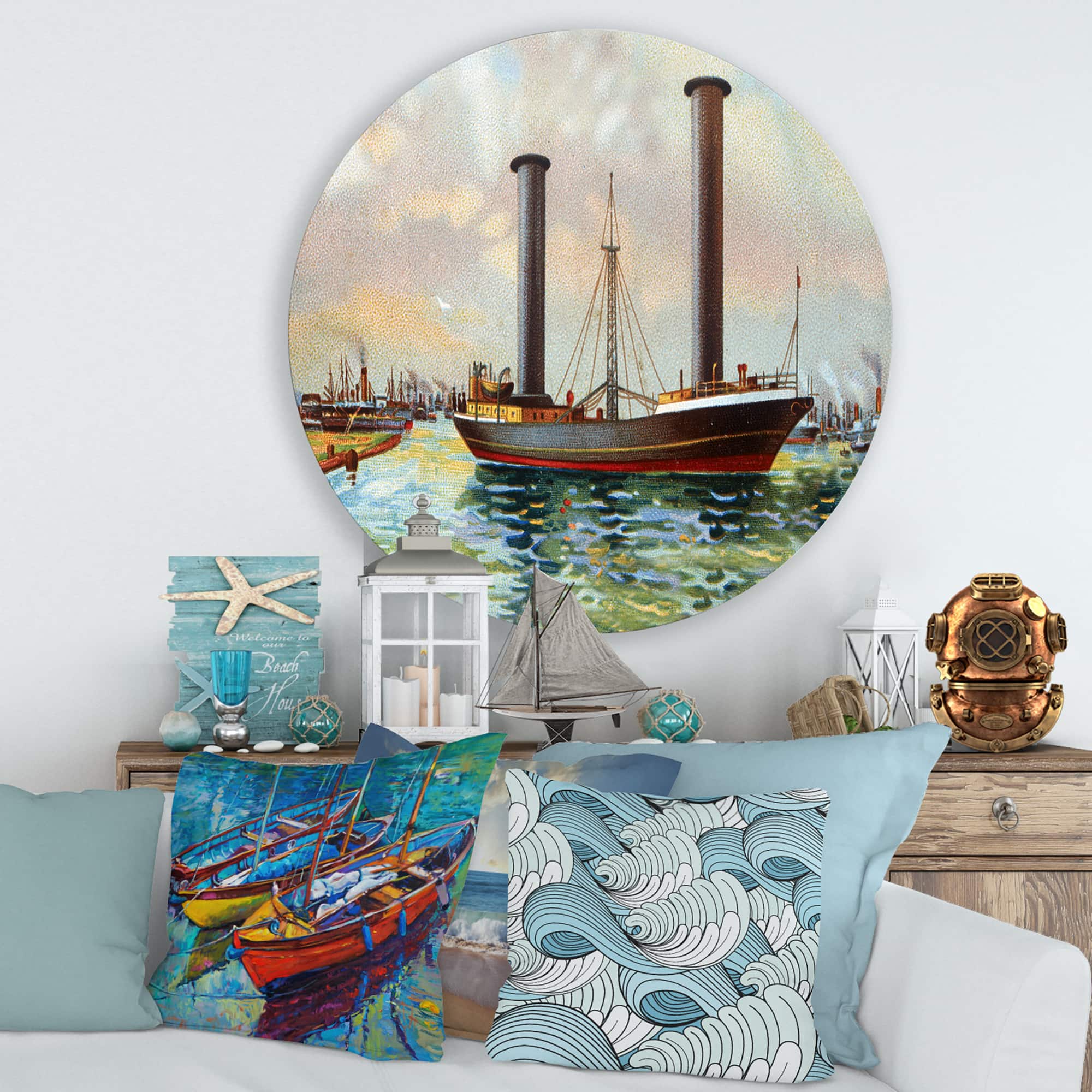 Designart - Ancient Boat Leaving The Harbor - Nautical &#x26; Coastal Metal Circle Wall Art