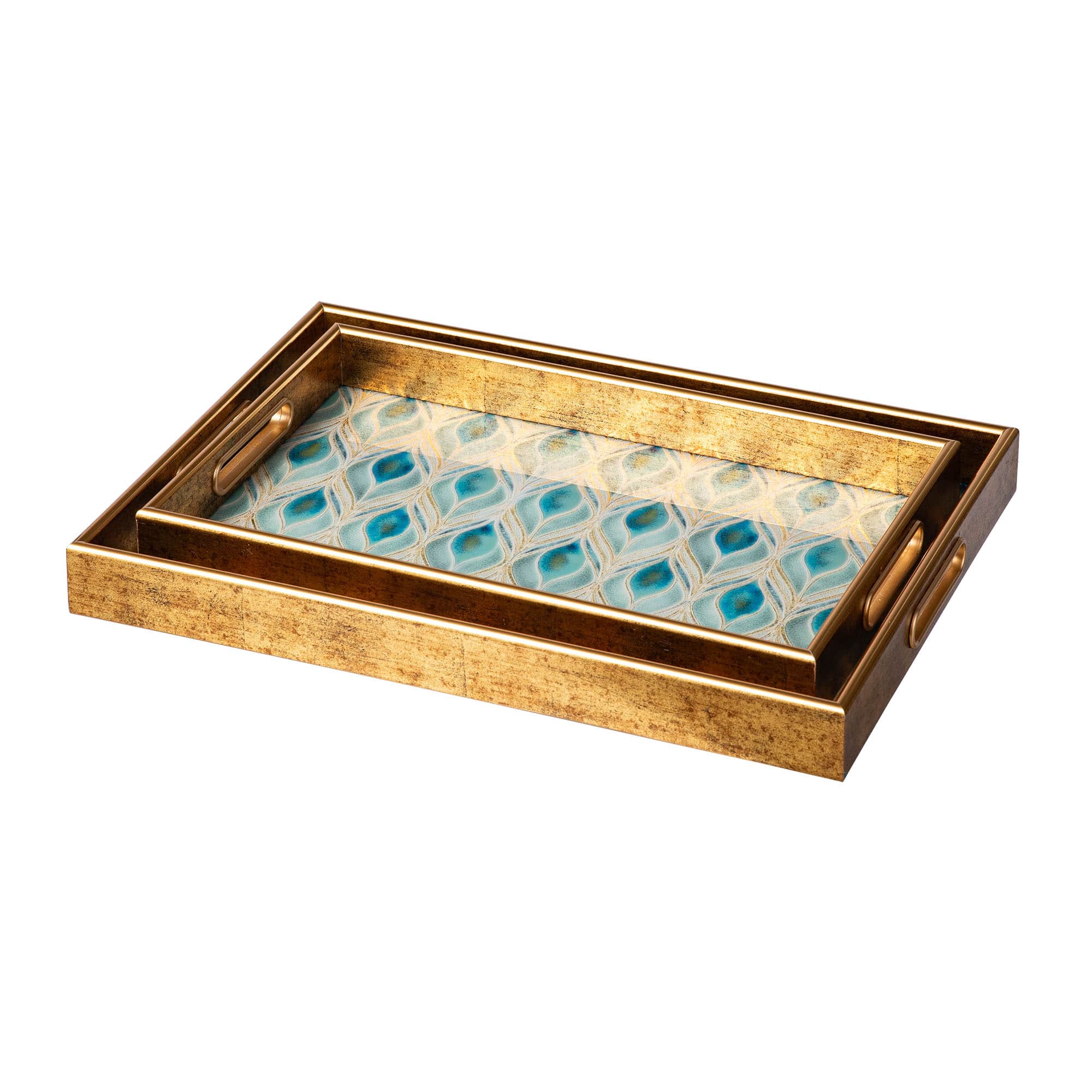Glitzhome&#xAE; Rectangle Peacock Feathers Patterned Decorative Trays Set