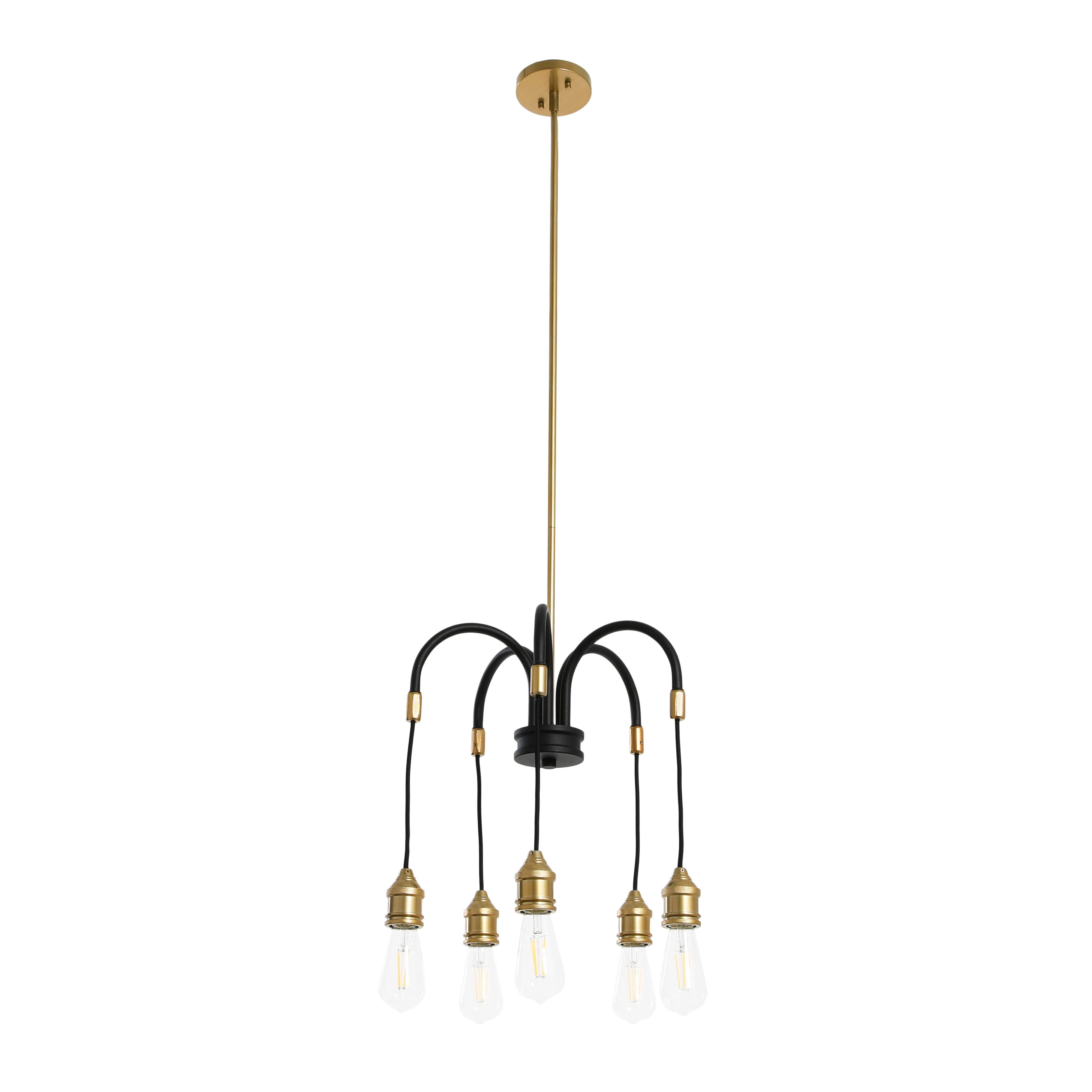 Hello Honey® Robert Stevenson Lighting Harper 19" Black and Brass 5-Light Exposed Bulb 2-Tone Metal Chandelier