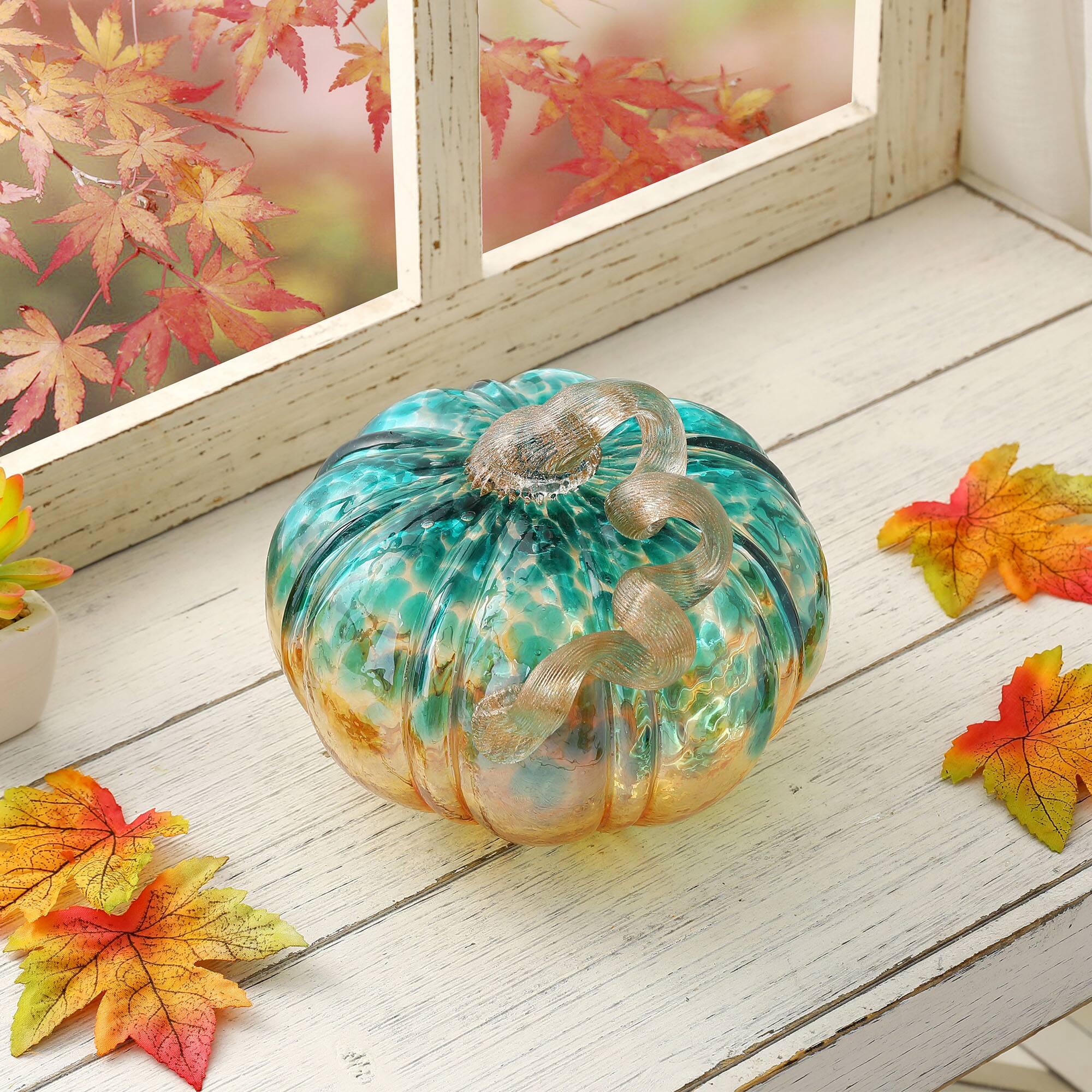Glitzhome&#xAE; Small Glitter Glass Pumpkin, Blue &#x26; Gold