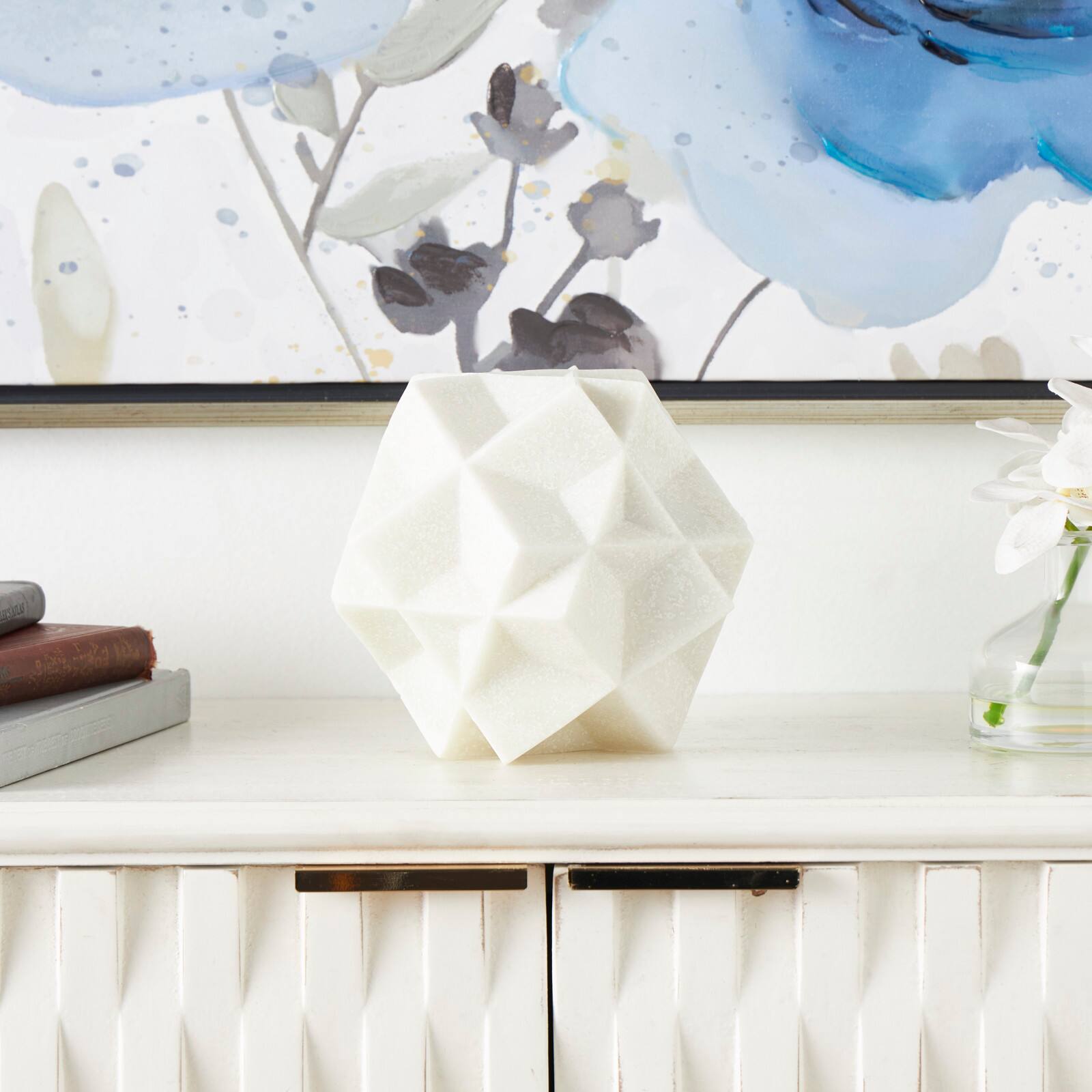7" White Polystone Geometric Dimensional Ball Sculpture Décor