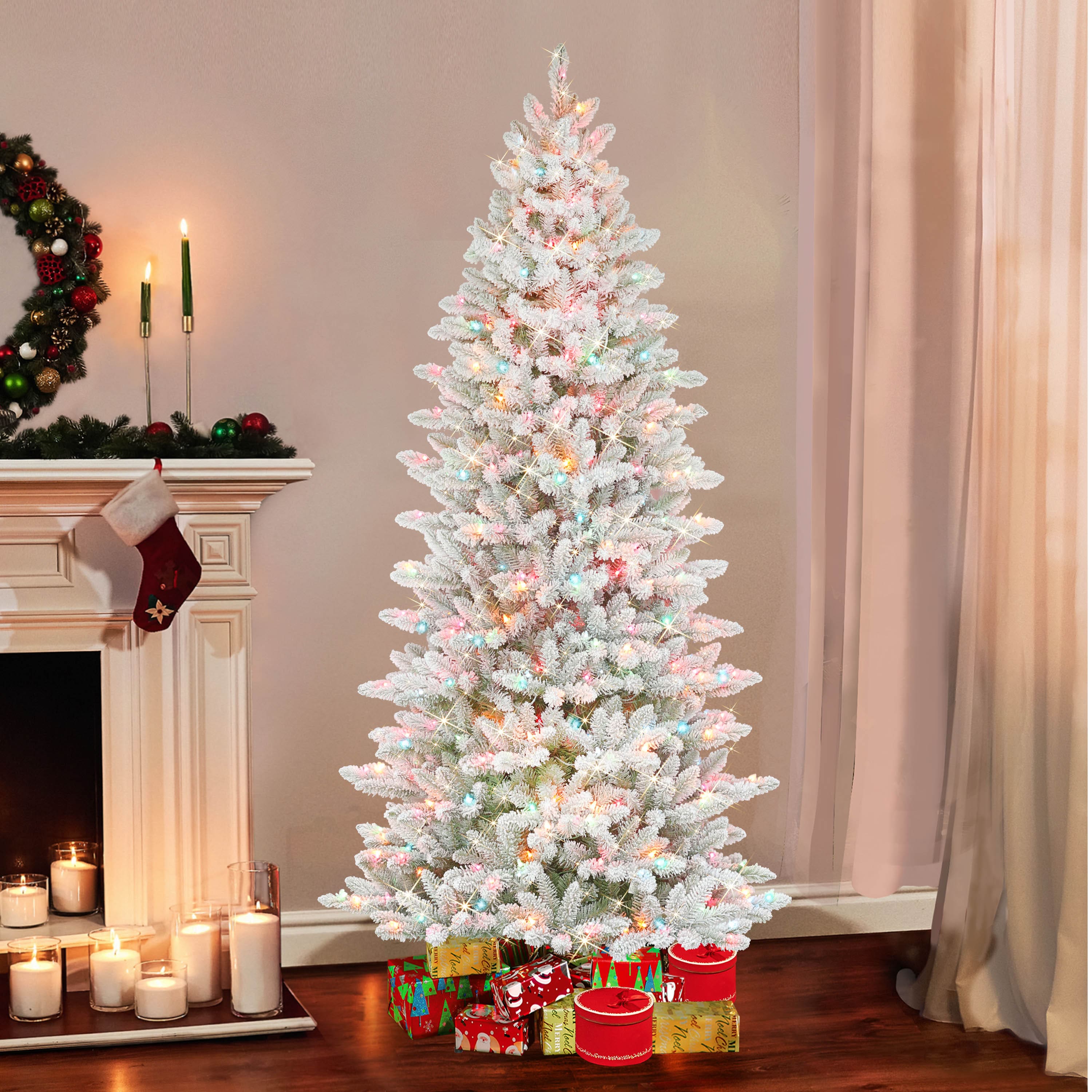 7.5ft PreLit White Slim Fraser Fir Flocked Artificial Christmas Tree