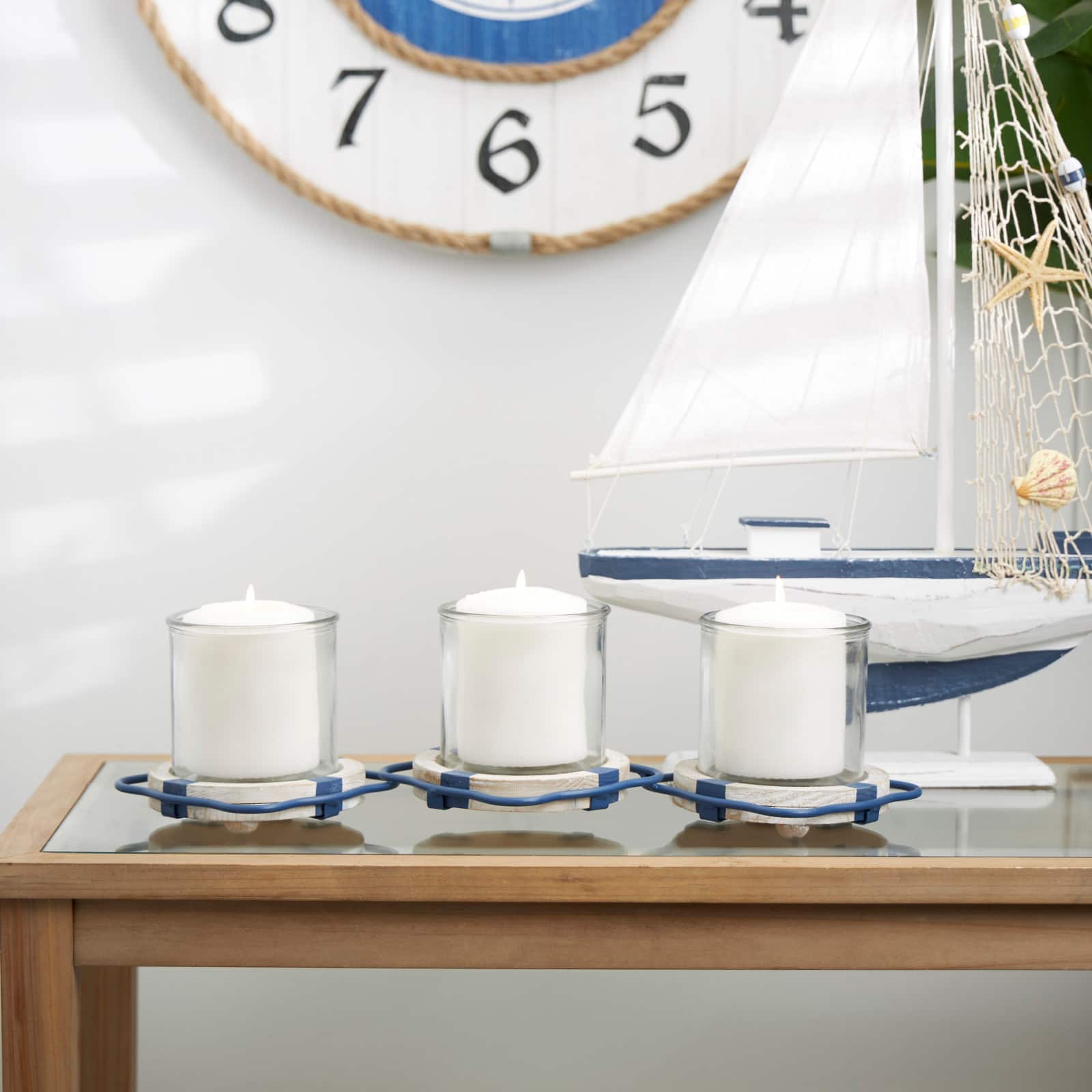 Metal Distressed 3-Linked Buoy Candle Holder with White Wood Accents