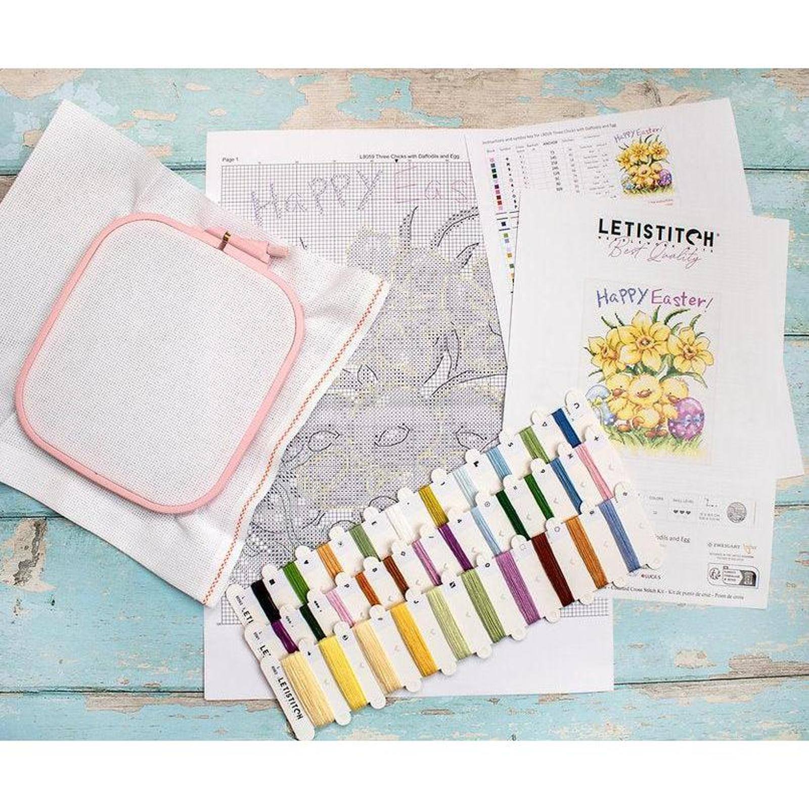 LetiStitch Three Chicks with Daffodils & Egg Counted Cross Stitch Kit