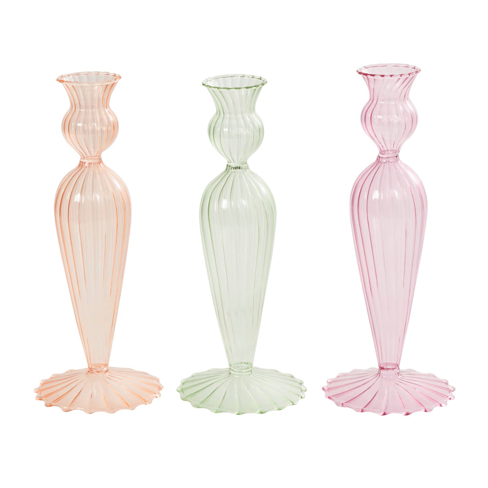 9&#x22; Multicolor Glass Textured Tulip Inspired Taper Candle Holder Set, 3ct.