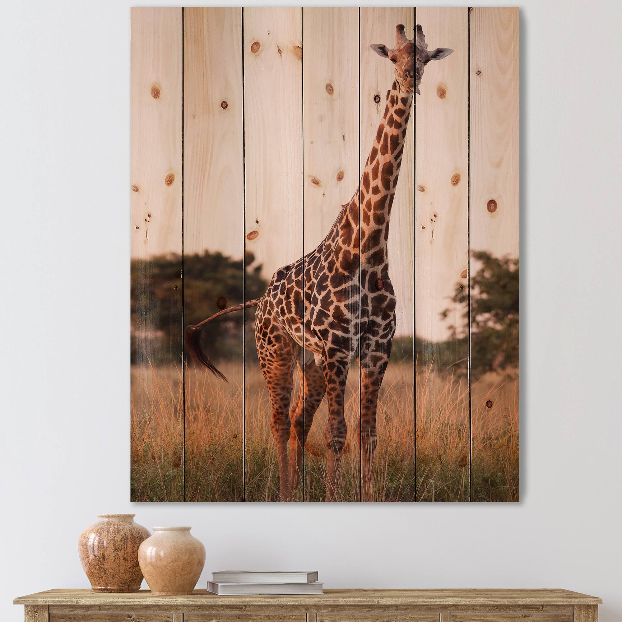 Designart - African Giraffe In The Wild I - Farmhouse Print on Natural Pine Wood
