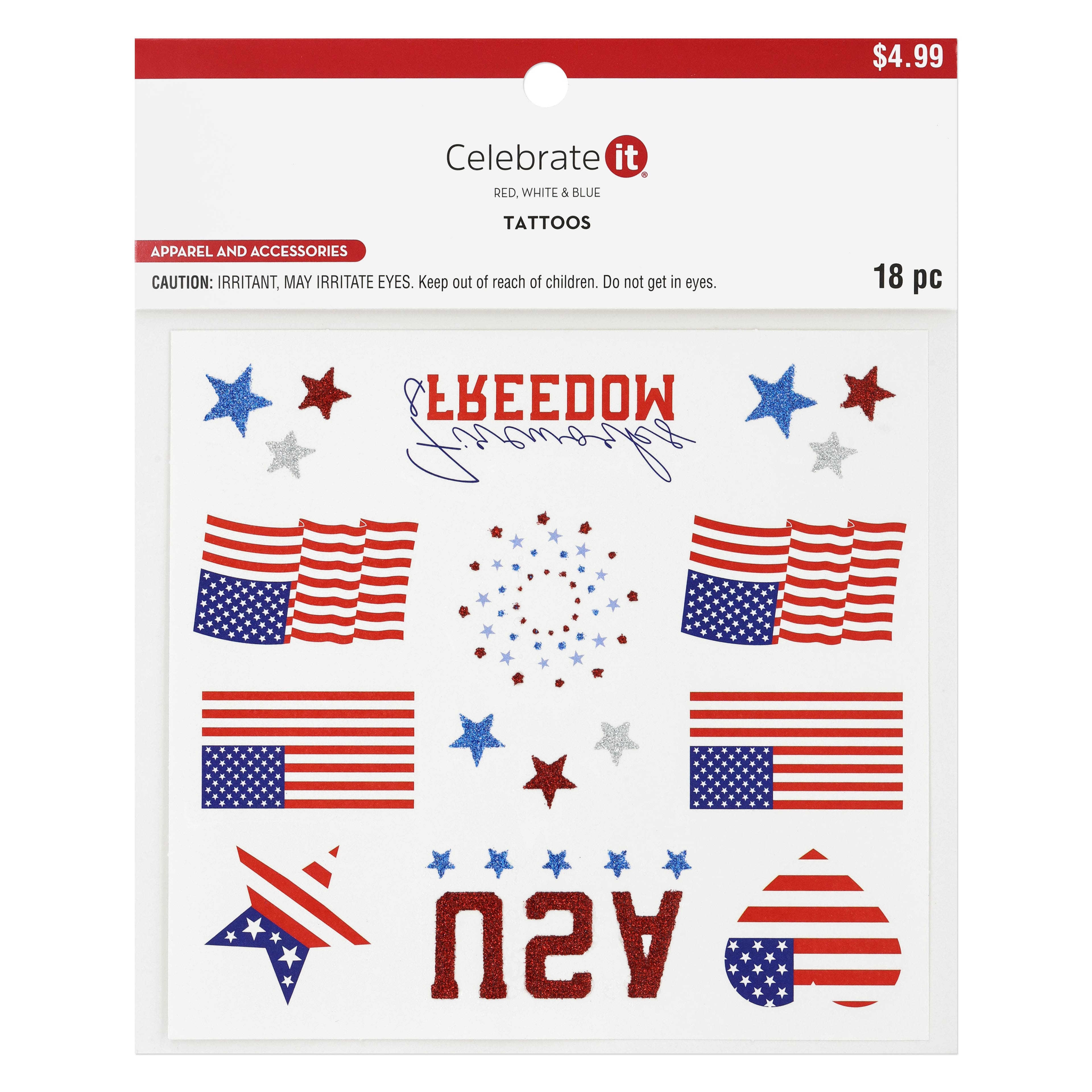 Red, White &#x26; Blue USA Flag Temporary Tattoos by Celebrate It&#x2122;