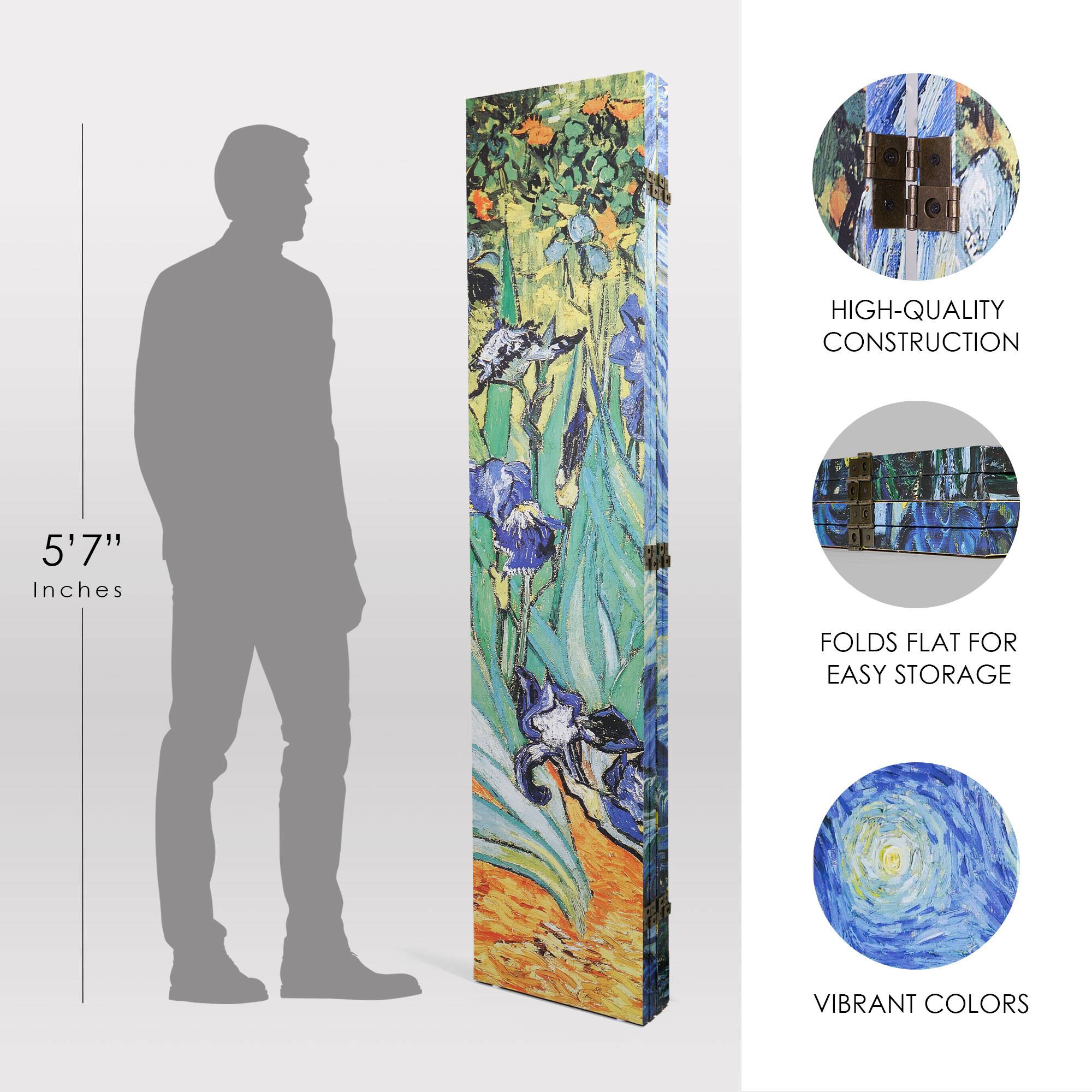 American Art Decor™ 6ft. Double-Sided 4-Panel Van Gogh Starry Night and Irises Flowers Canvas Privacy Screen
