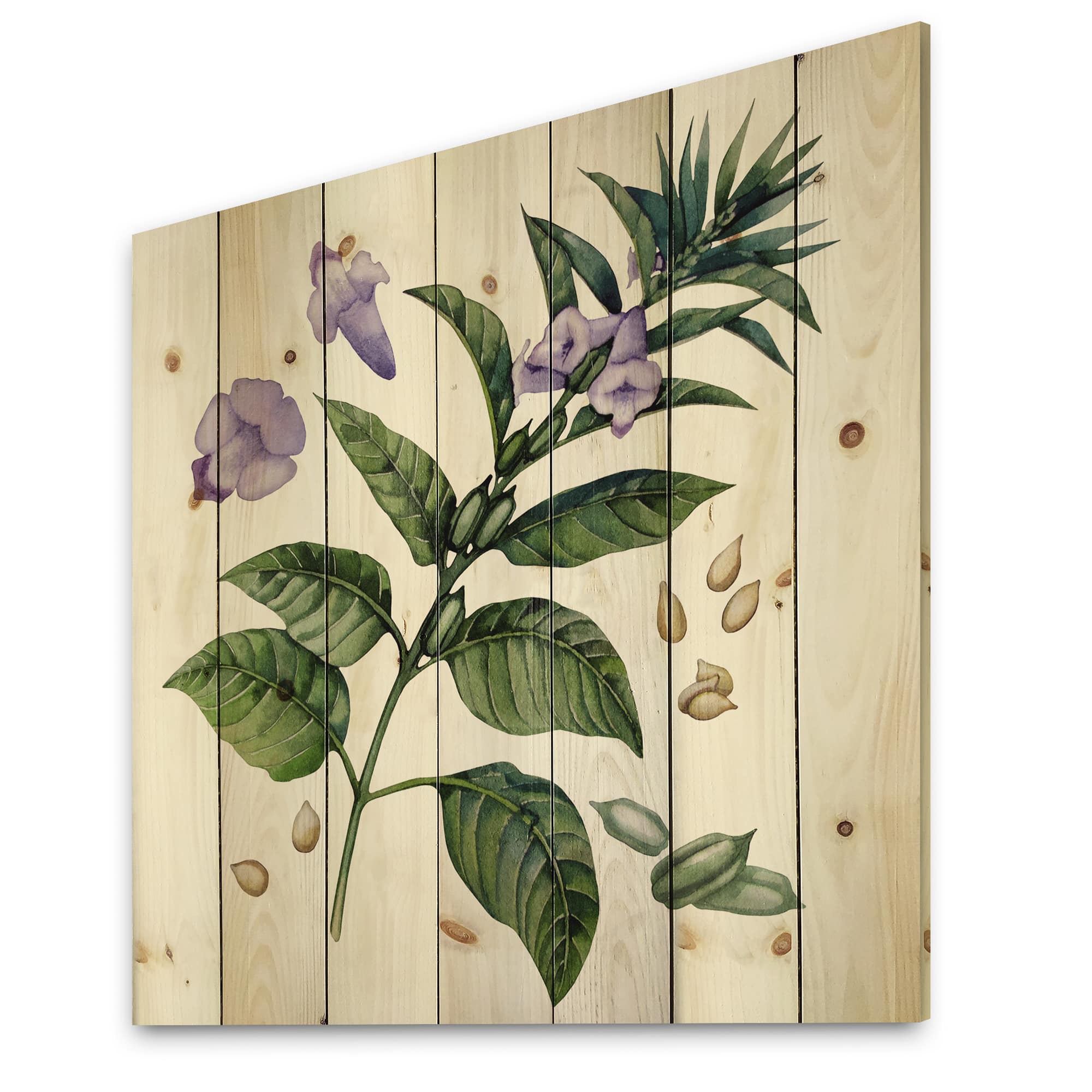 Designart - Purple Sesame Flowers WIth Green Leaves - Traditional Print on Natural Pine Wood