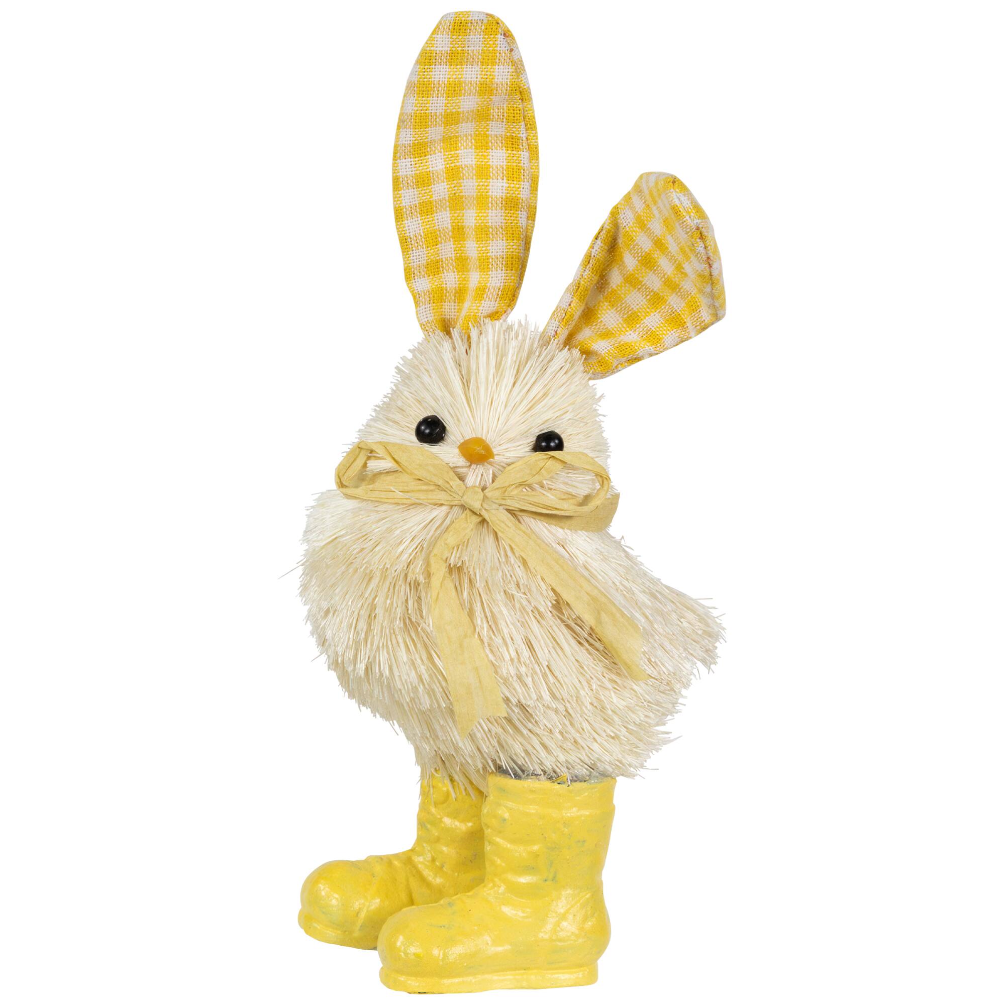 7" Yellow Easter Chick Accent with Plaid Rabbit Ears & Rainboots