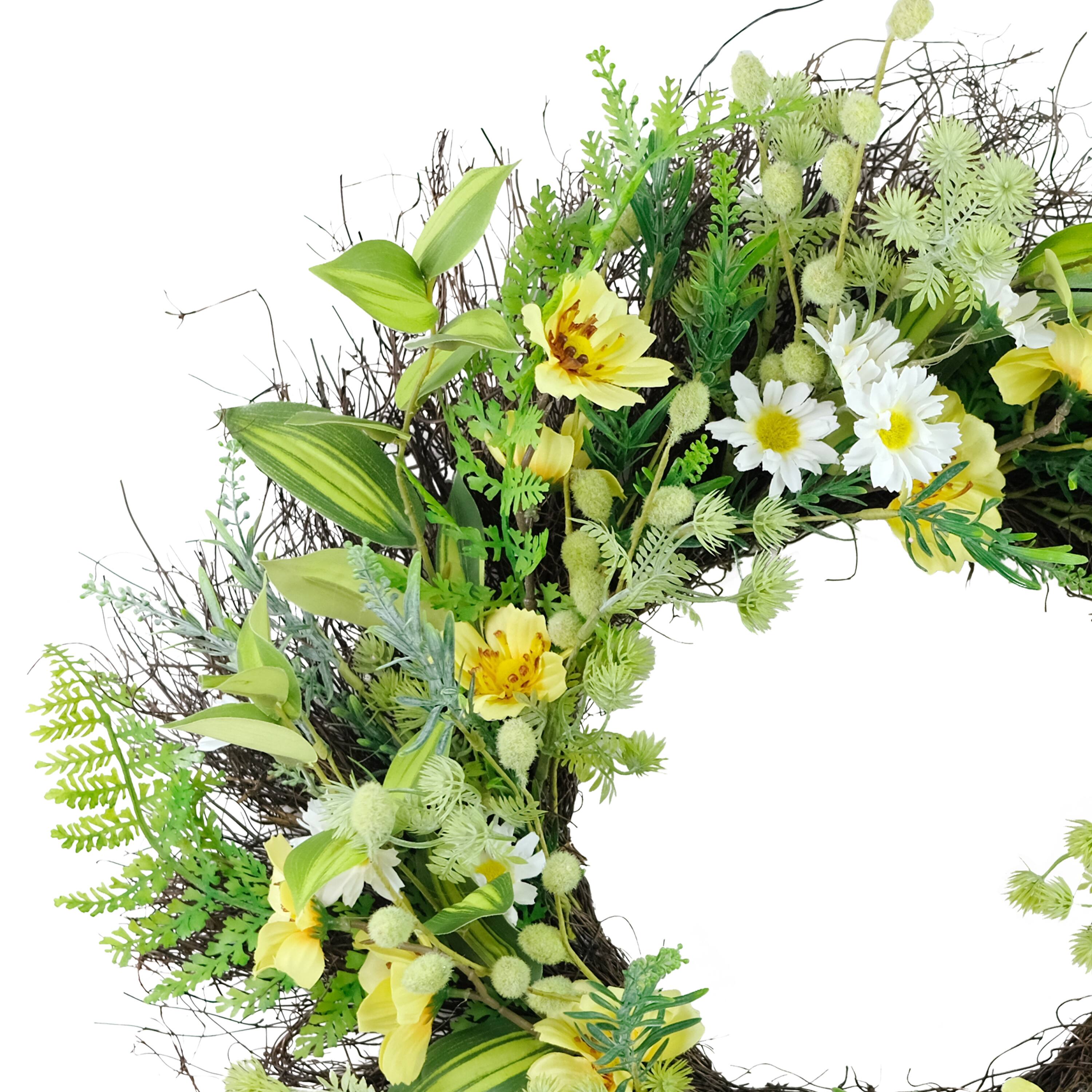 24" Yellow & White Spring Daisy & Dogwood Floral Wreath