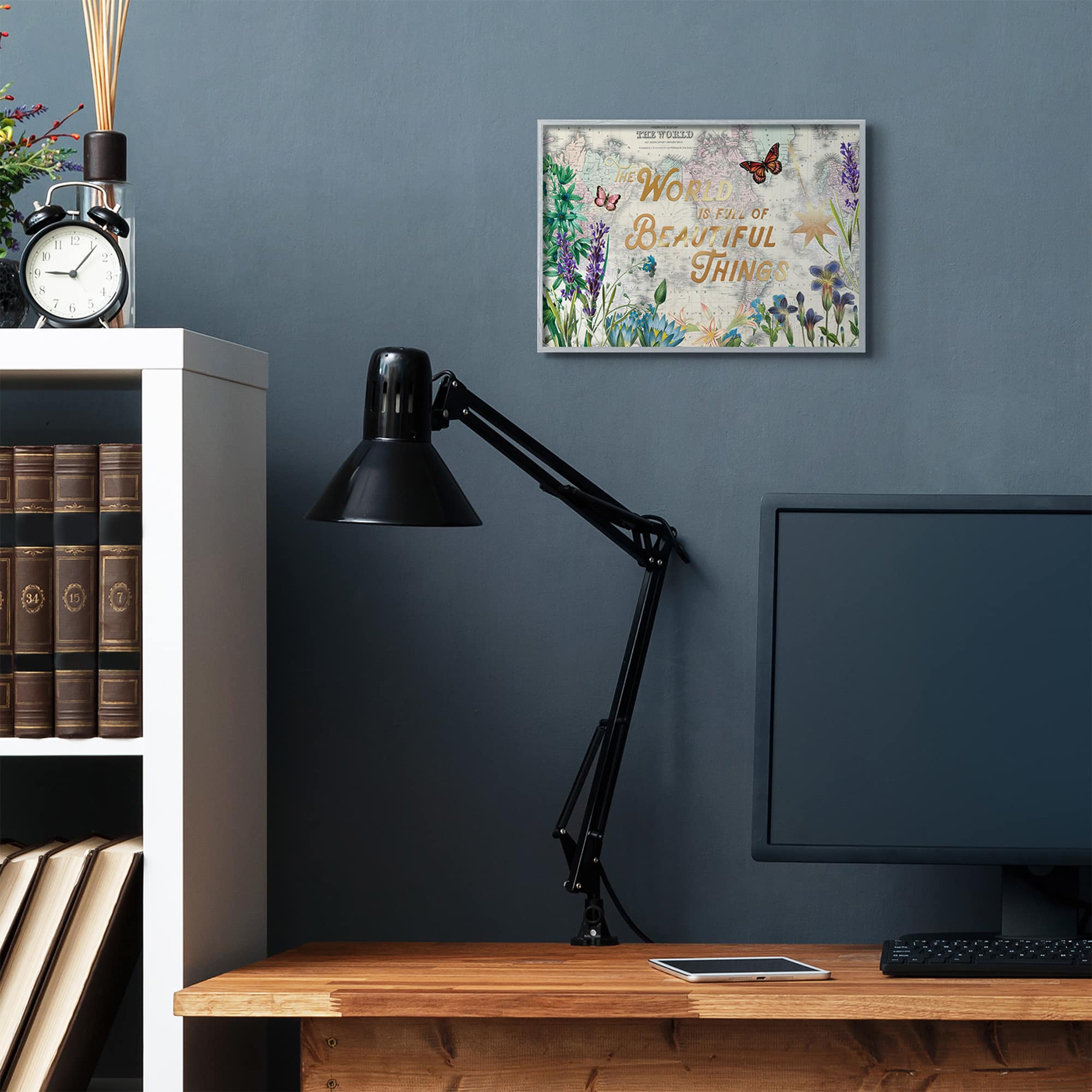 Stupell Industries Beautiful Things Floral Map Gray Framed Wall Art