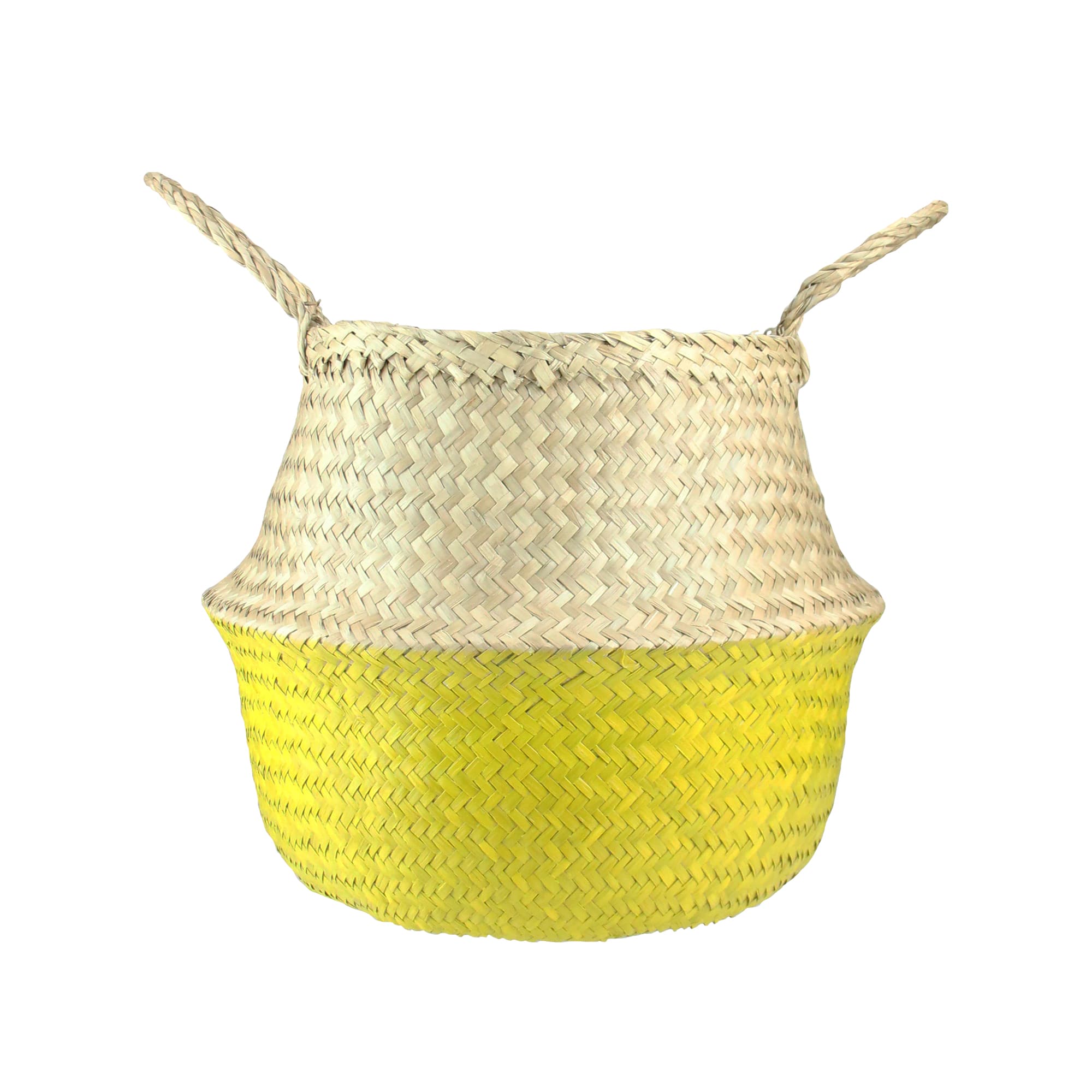 14.5&#x22; Beige &#x26; Yellow Large Seagrass Belly Basket with Handles