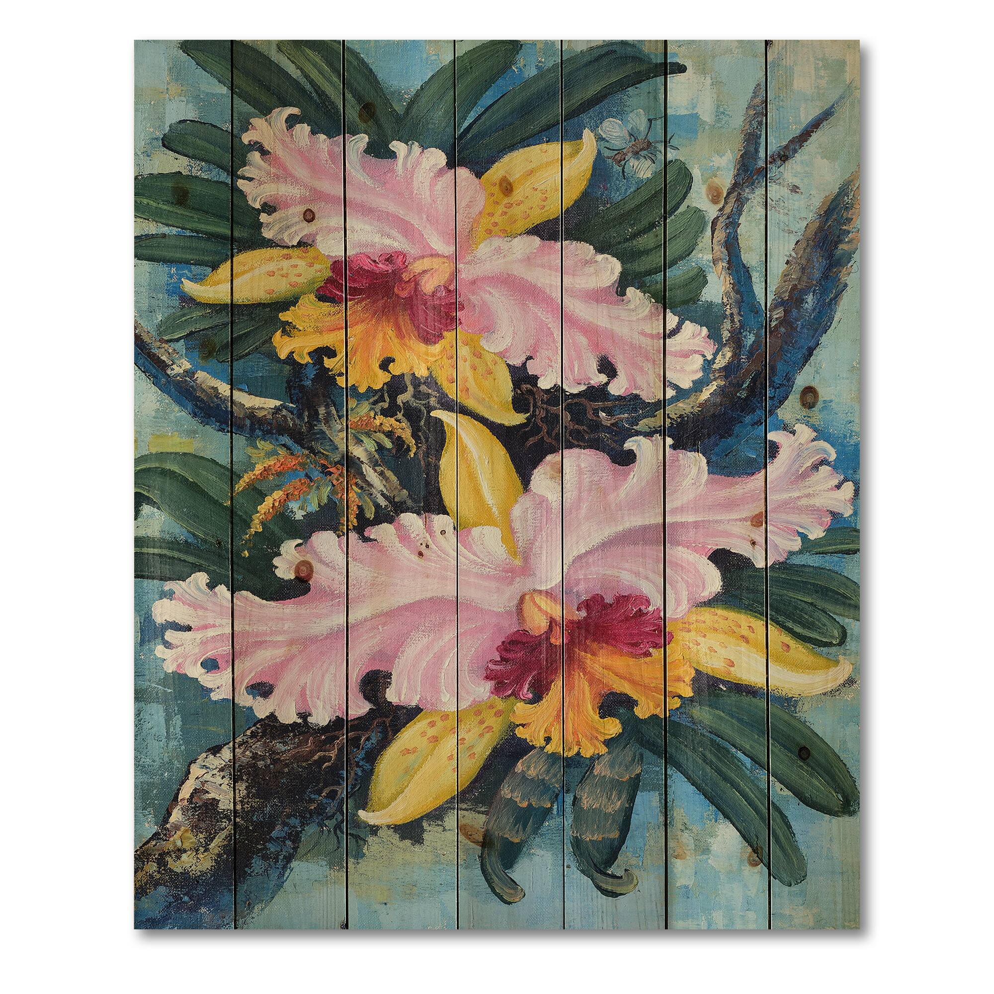 Designart - Vintage Forest Orchids I - Traditional Print on Natural Pine Wood