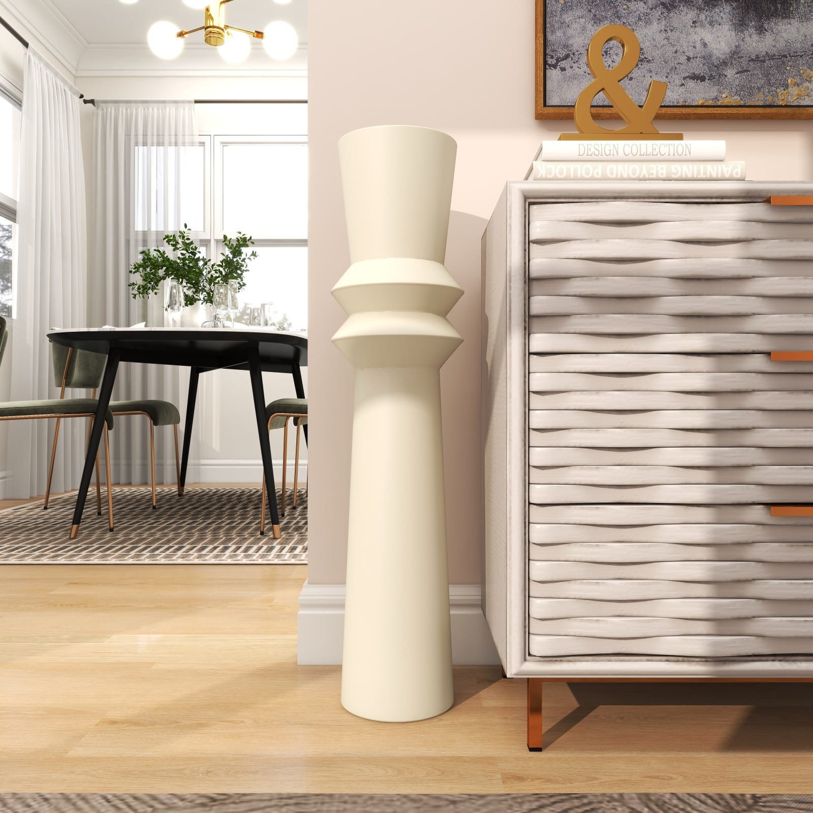 3ft. Cream Metal Tall Art Deco Fluted Floor Vase