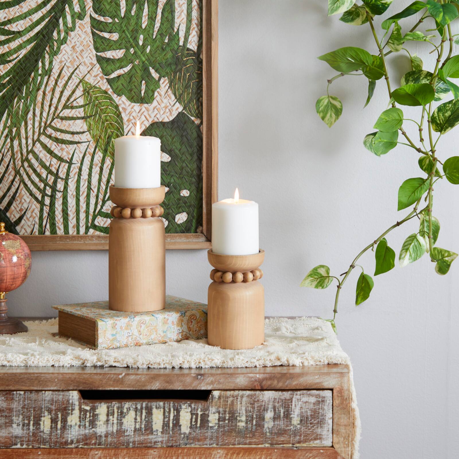 Brown Wood Beaded Pillar Candle Holder Set