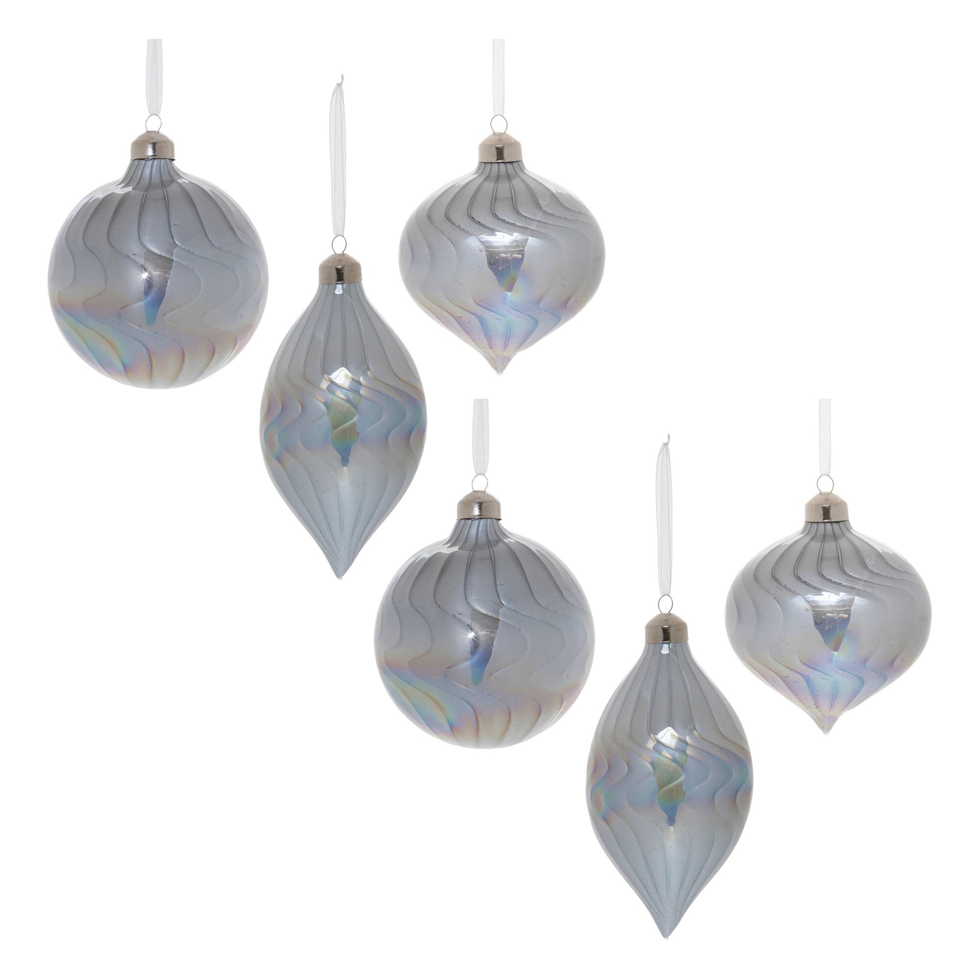 Wavy Iridescent Gray Glass Ornament Set