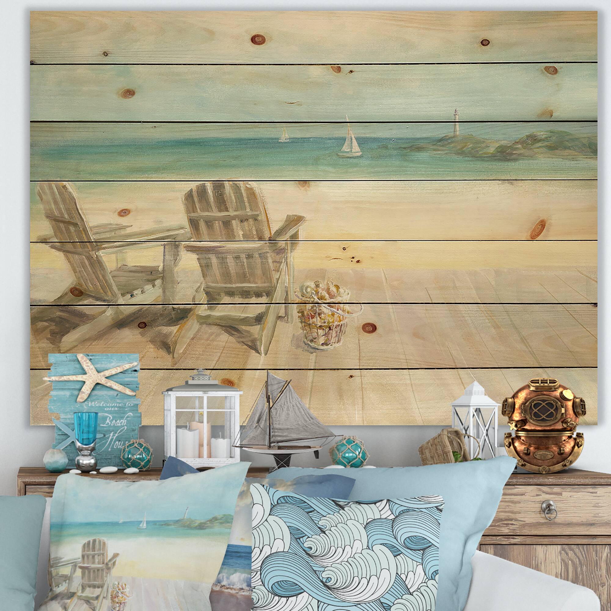 Designart - Seaside Morning no Window - Coastal Print on Natural Pine Wood