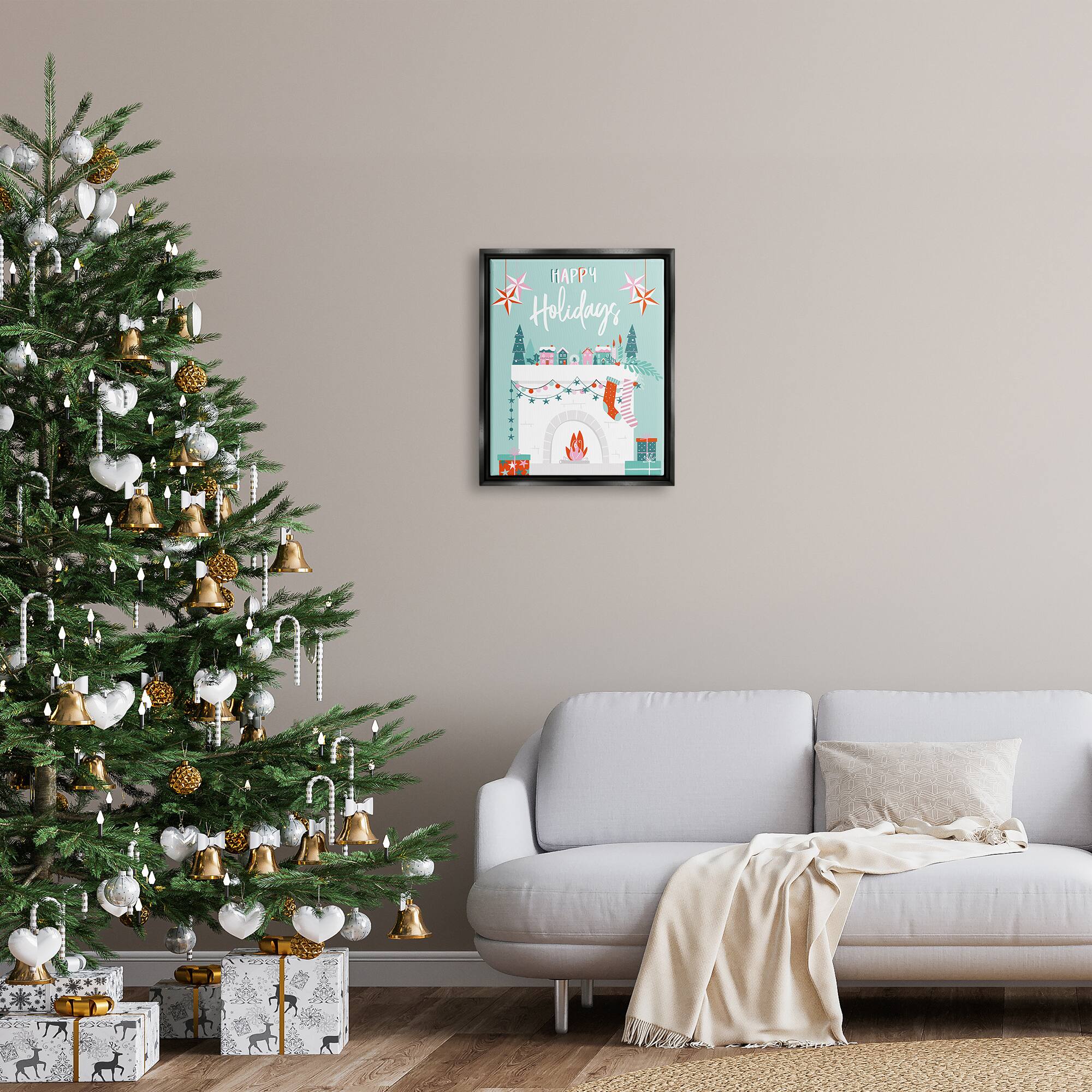 Stupell Industries Happy Holidays Festive Mantel Stockings Framed Floater Canvas Wall Art