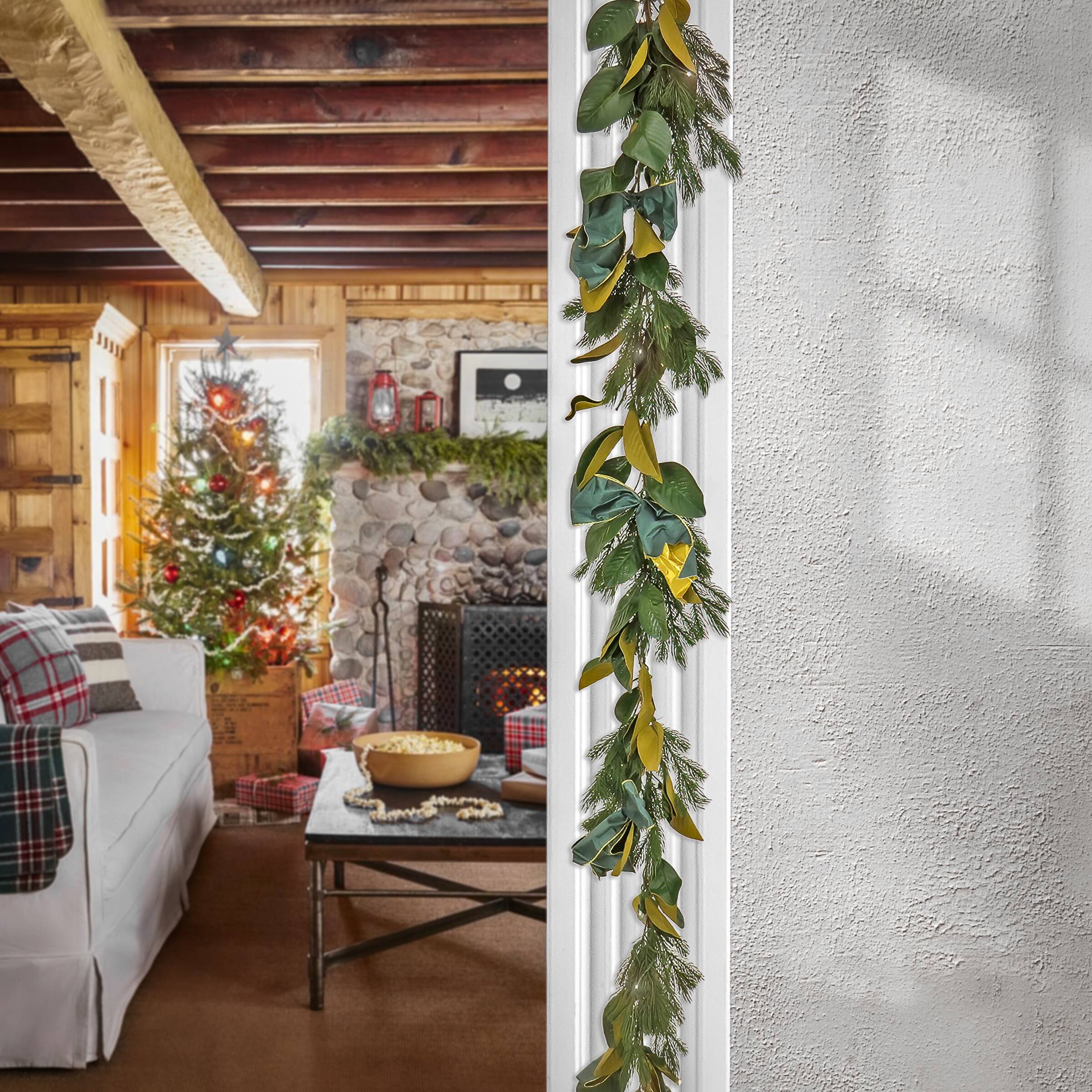 9" Christmas Magnolia Mix Pine Garland with Fabric Bow, Warm White LED Lights