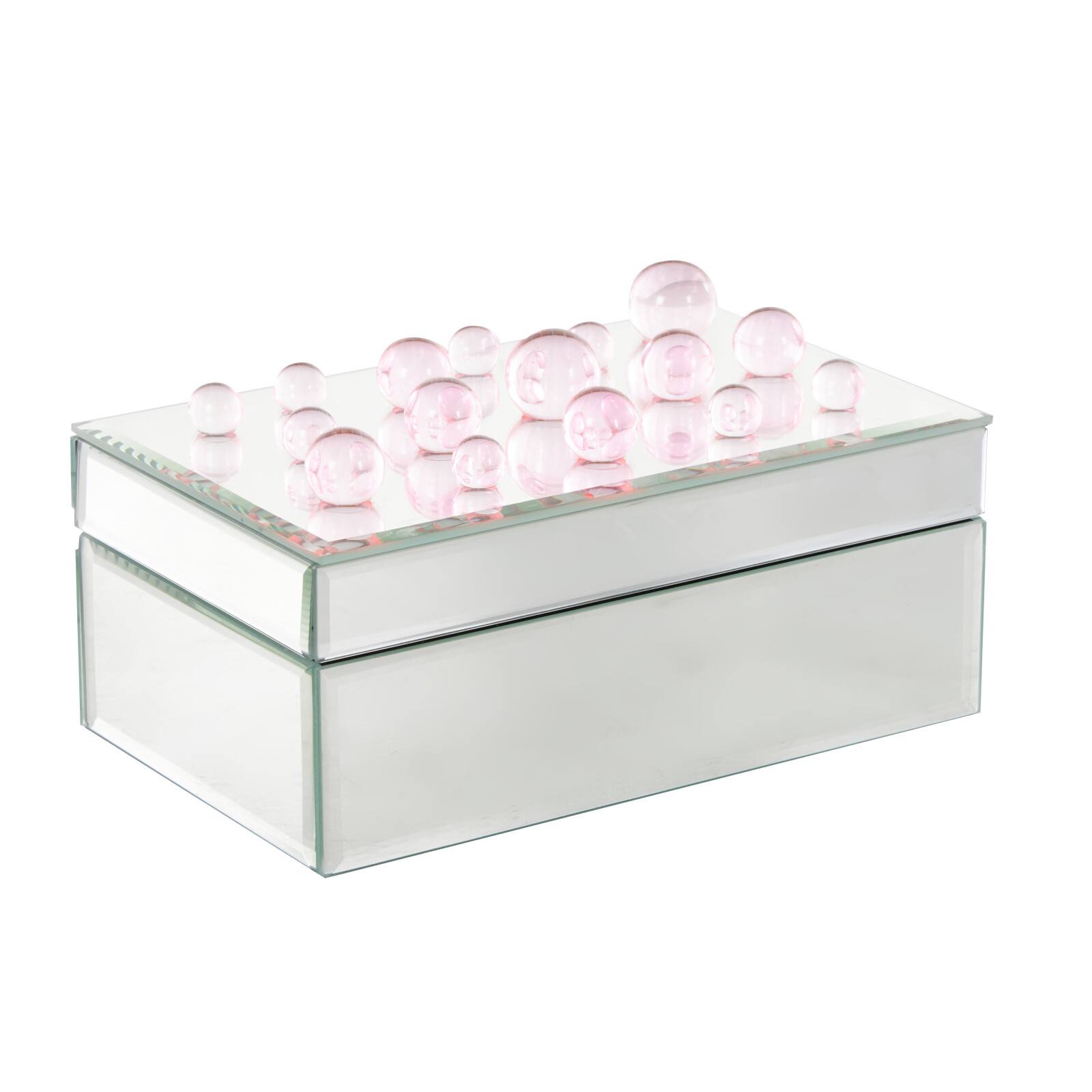 8&#x22; x 5&#x22; x 4.5&#x22; Silver Glass Mirrored Decorative Jewelry Box with Pink Bubble Textured Balls